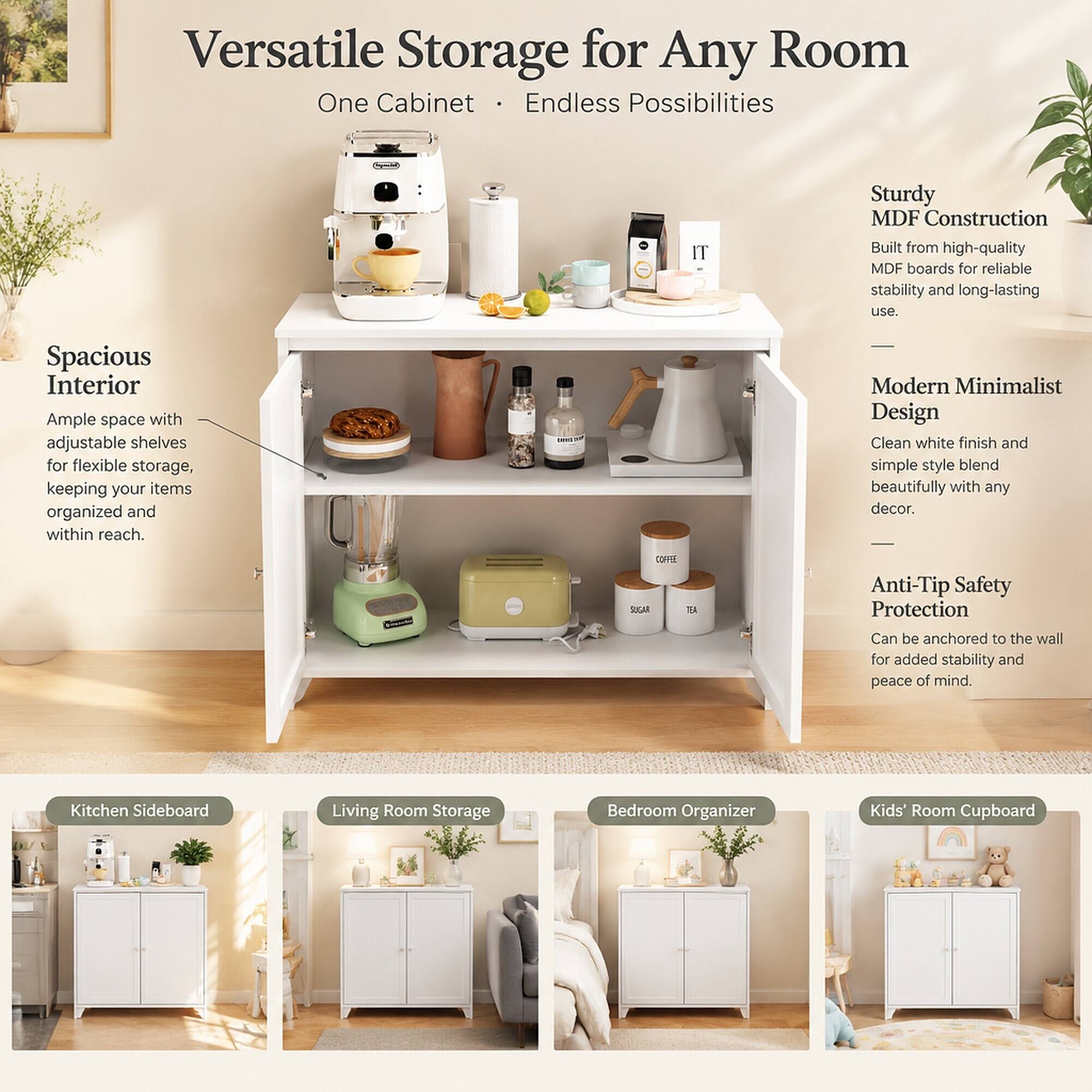 Versatile Storage for Any Room  
One Cabinet · Endless Possibilities

Sturdy MDF Construction  
Built from high-quality MDF boards for reliable stability and long-lasting use.

Spacious Interior  
Ample space with adjustable shelves for flexible storage, keeping your items organized and within reach.

Modern Minimalist Design  
Clean white finish and simple style blend beautifully with any decor.

Anti-Tip Safety Protection  
Can be anchored to the wall for added stability and peace of mind.

Kitchen Sideboard  
Living Room Storage  
Bedroom Organizer  
Kids' Room Cupboard