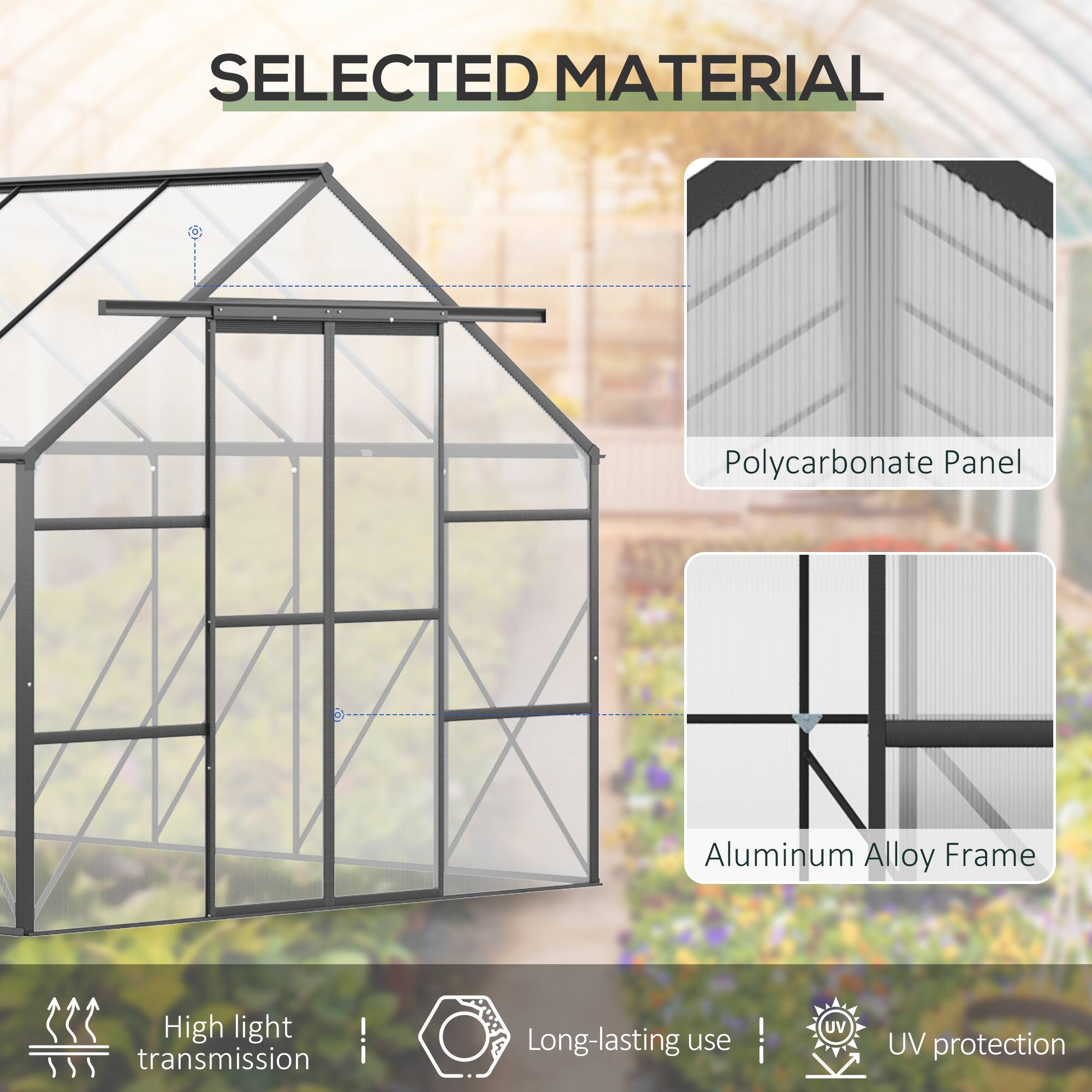 SELECTED MATERIAL: Polycarbonate Panel, Aluminum Alloy Frame
Features: High light transmission, Long-lasting use, UV protection