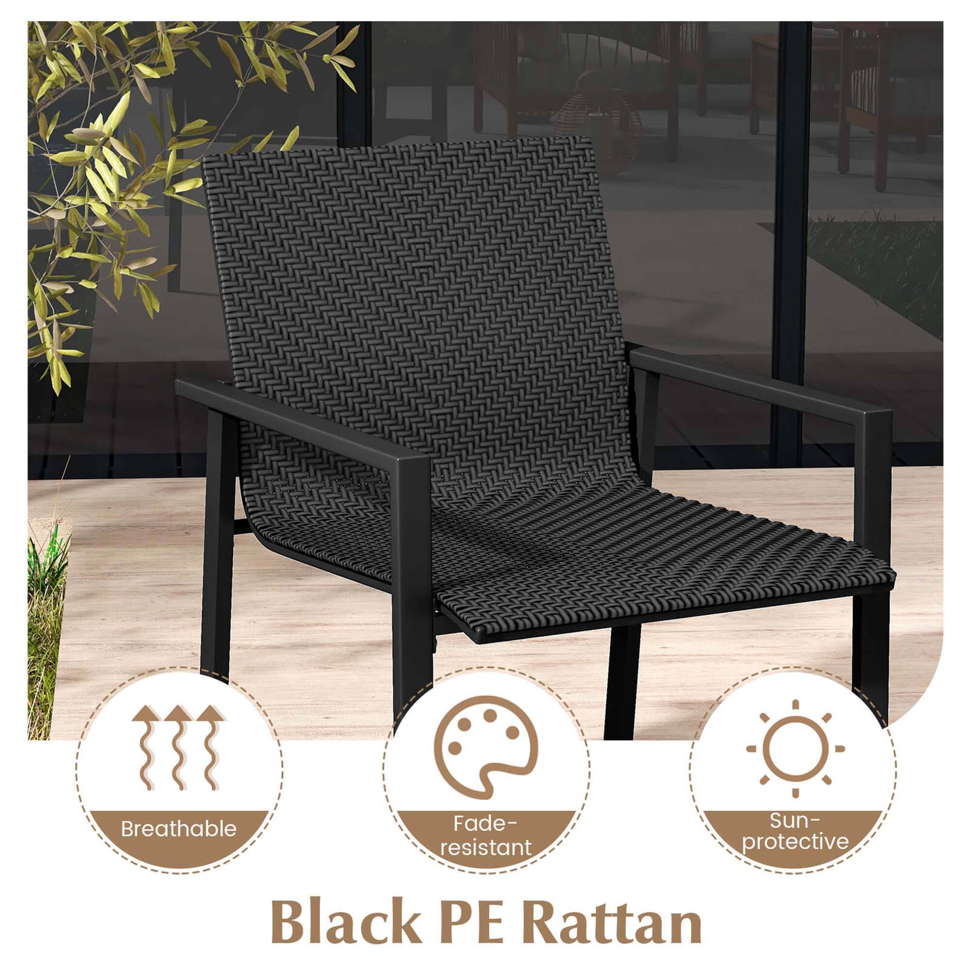 Black PE Rattan is a type of outdoor furniture that is made from a synthetic material called polyethylene (PE) and woven rattan. It is designed to be breathable, fade-resistant, and sun-protective, making it an ideal choice for outdoor seating and decoration. The image shows a black PE Rattan chair with a woven design, placed on a patio near a window. The chair is accompanied by a potted plant, adding to the overall aesthetic of the outdoor space.