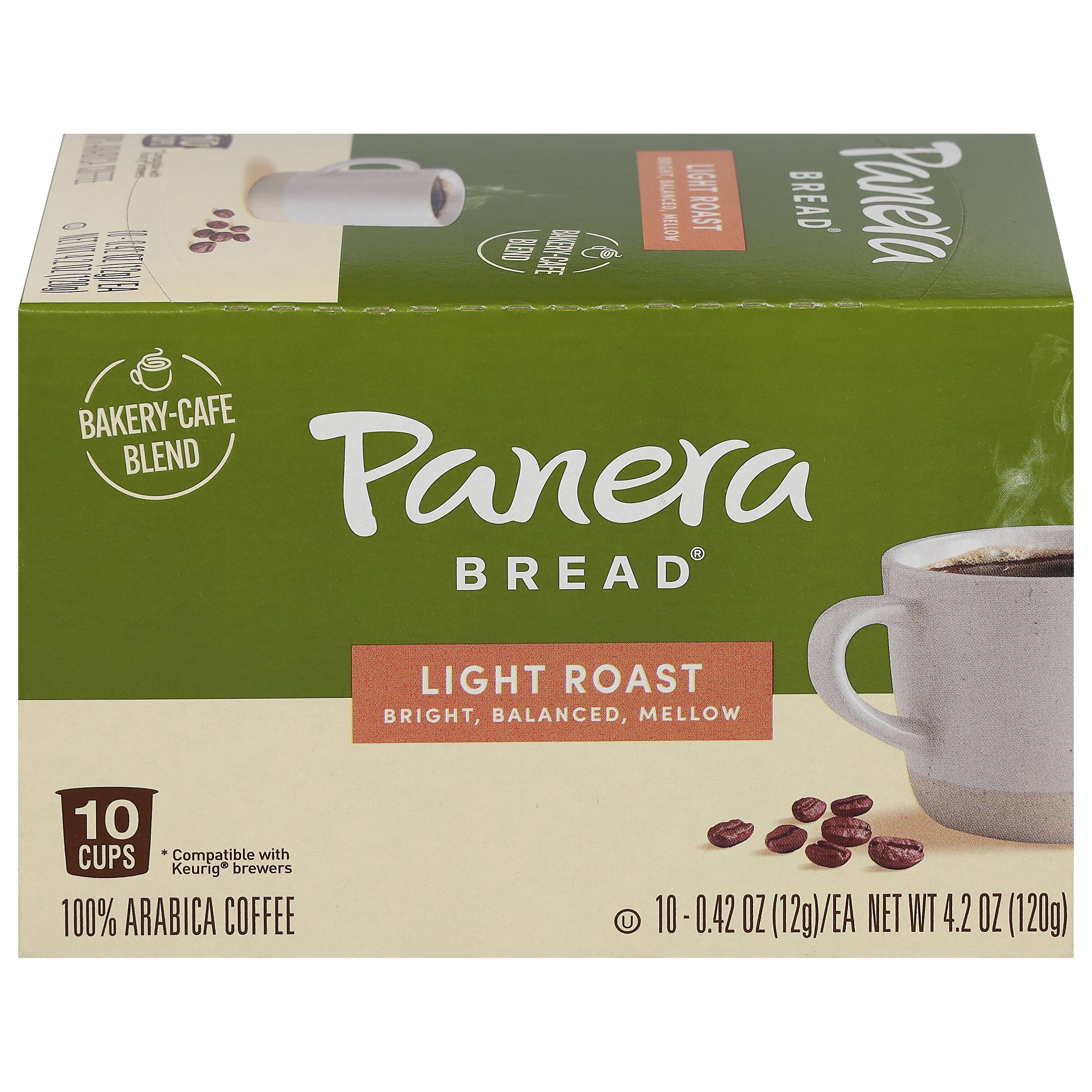 Panera Bread  
BAKERY-CAFE BLEND  

LIGHT ROAST  
BRIGHT, BALANCED, MELLOW  

10 CUPS  
Compatible with Keurig® brewers  

100% ARABICA COFFEE  

10 - 0.42 OZ (12g)/EA  
NET WT 4.2 OZ (120g)