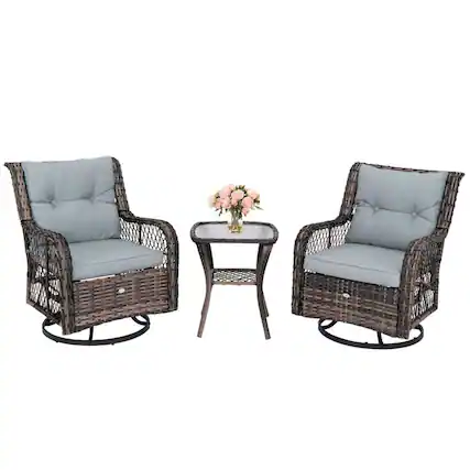 Front. Pefilos - 3-Piece Outdoor Swivel Rocker Set with Double-Tier Coffee Table, Elegant Woven Wicker Swivel Rocker Set with Ergonomic - Gray.