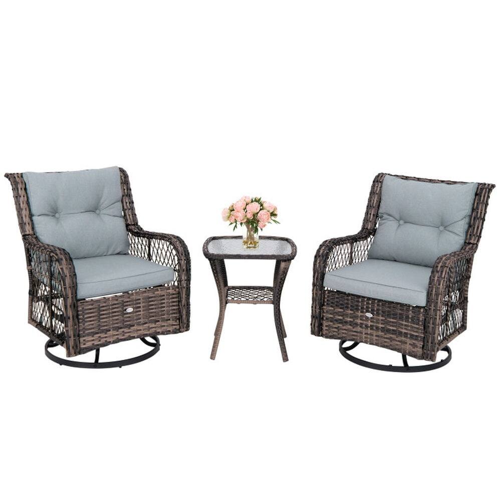 Front. Pefilos - 3-Piece Outdoor Swivel Rocker Set with Double-Tier Coffee Table, Elegant Woven Wicker Swivel Rocker Set with Ergonomic - Gray.