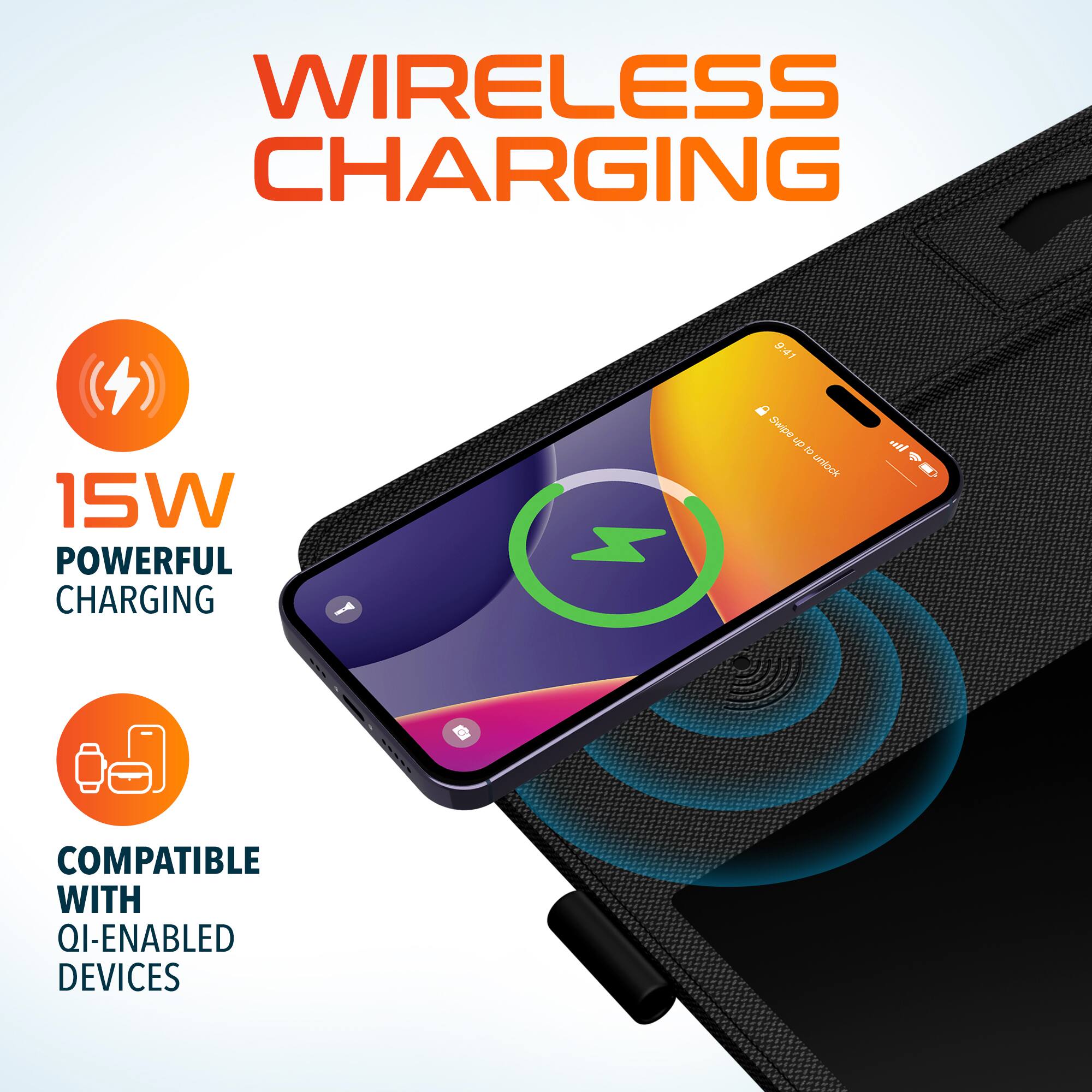 WIRELESS CHARGING, 15W POWERFUL CHARGING, COMPATIBLE WITH QI-ENABLED DEVICES