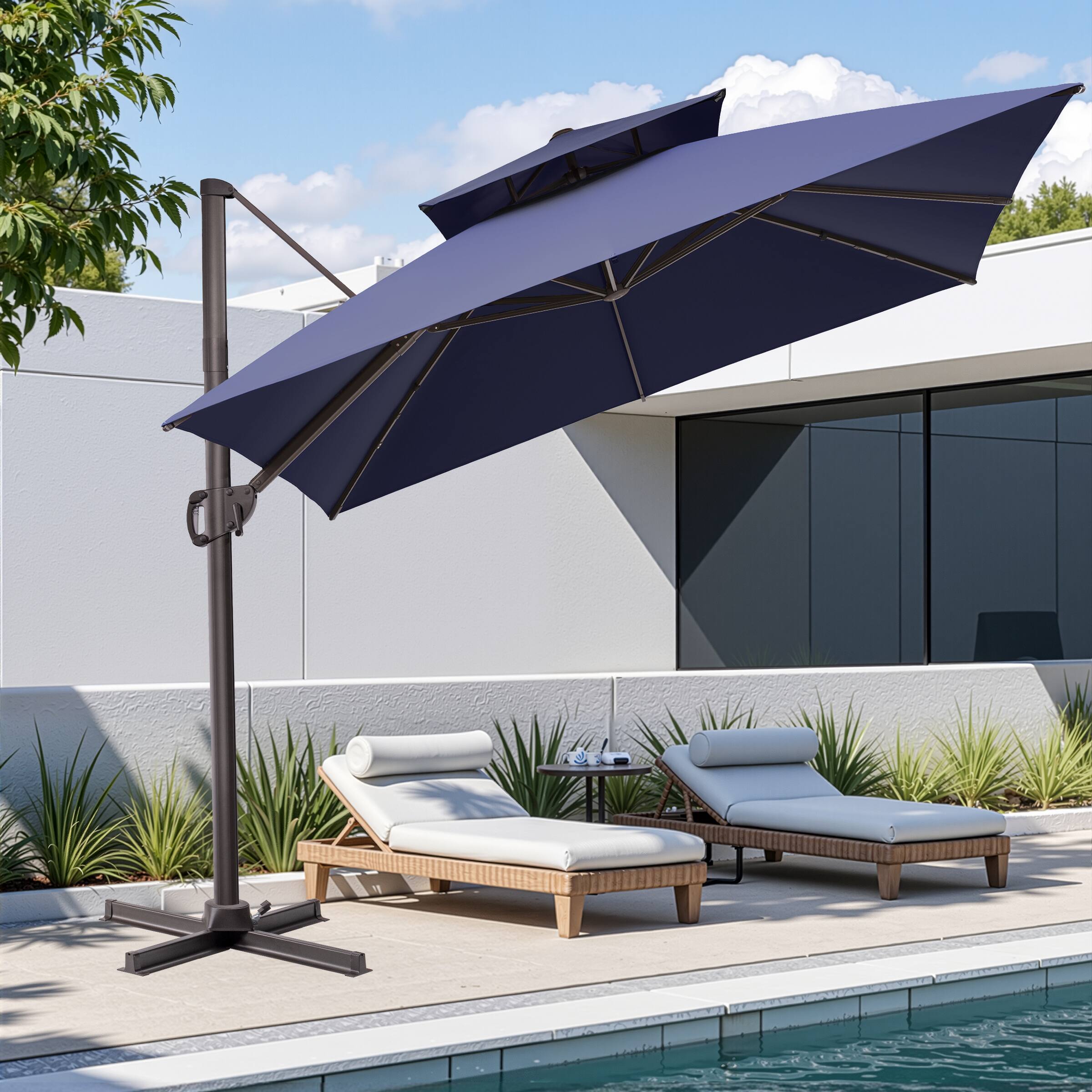 Alt View 8. Crestlive Products - Crestlive Products 11x11ft Aluminum Double Top Crank Cantilever Patio Umbrella with Base - Navy blue.