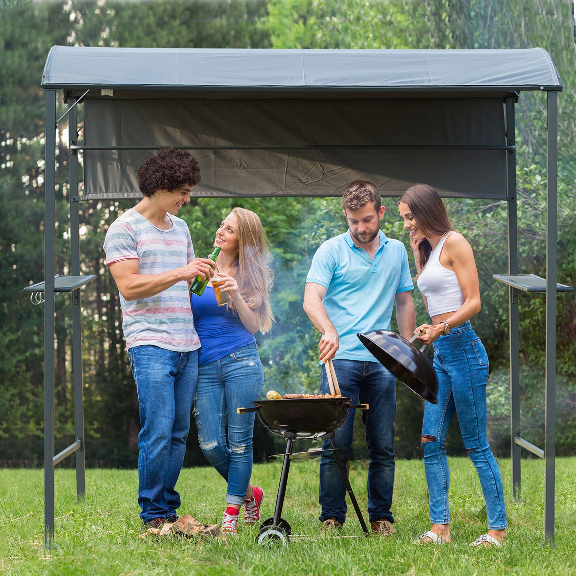 Alt View 1. Outsunny - 7FT Grill Gazebo BBQ Canopy with Sun Shade Panel Side Awning, 2 Exterior Serving Shelves, 5 Hooks - Black/Grey.