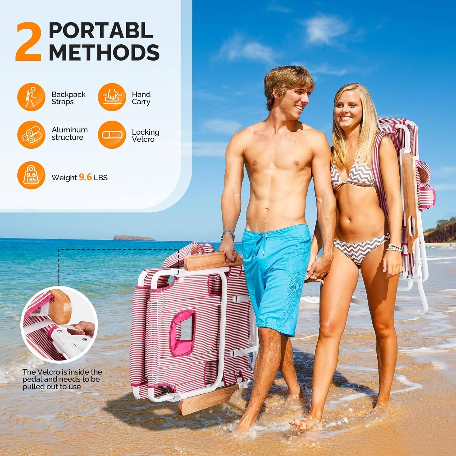 PORTABL 2 METHODS  
Backpack Straps  
Hand Carry  
Aluminum structure  
Locking Velcro  
Weight 9.6 LBS  

The Velcro is inside the pedal and needs to be pulled out to use