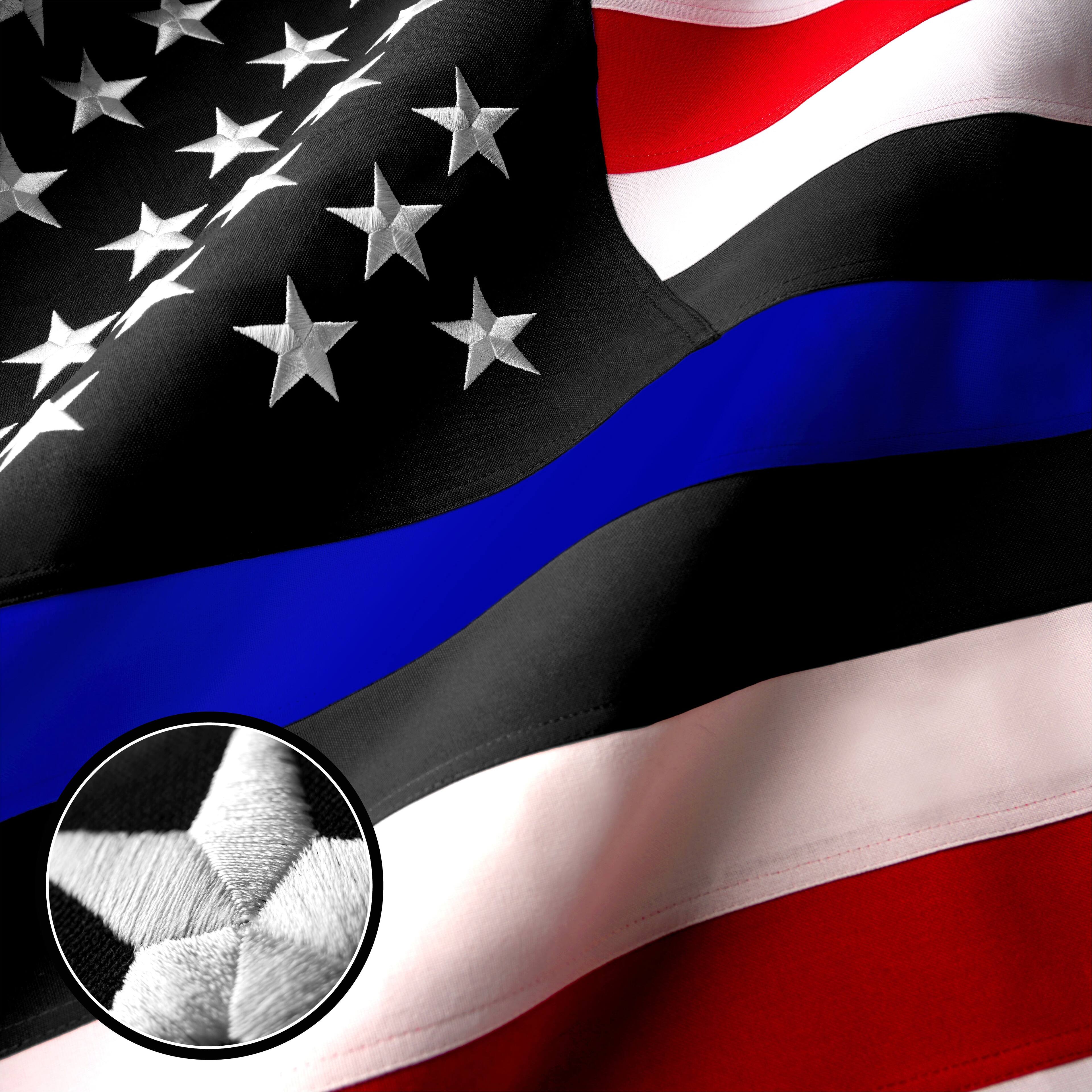 Angle. G128 - Blue Lives Matter Embroidered Flag, 3 x 5 ft Polyester with Brass Grommets - Assorted Colors.