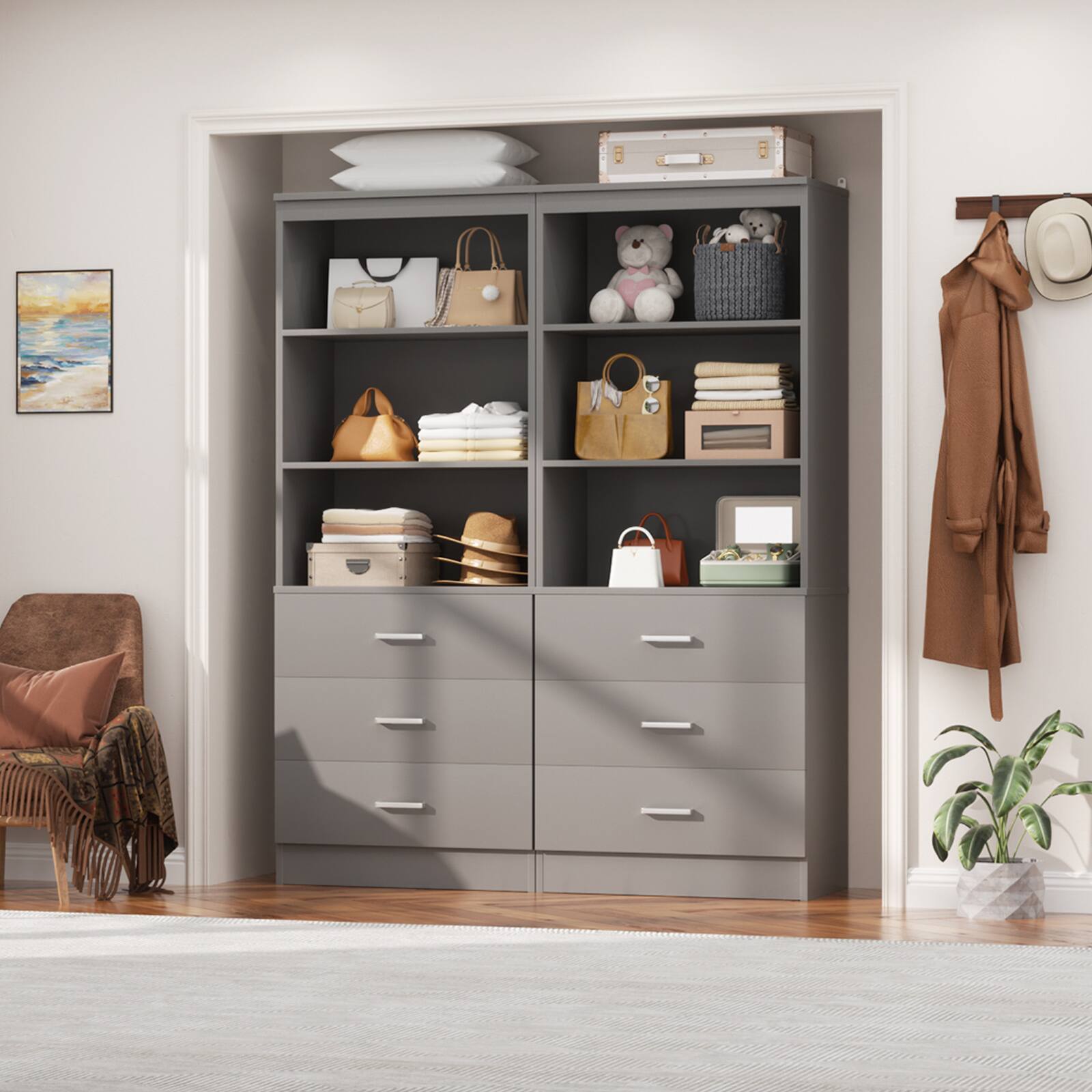 Left. Aheaplus - 71'' Tall Pantry Cabinet, Freestanding Kitchen Storage Cabinet with 3 Drawers and Shelves, 2 Pack - Gray.