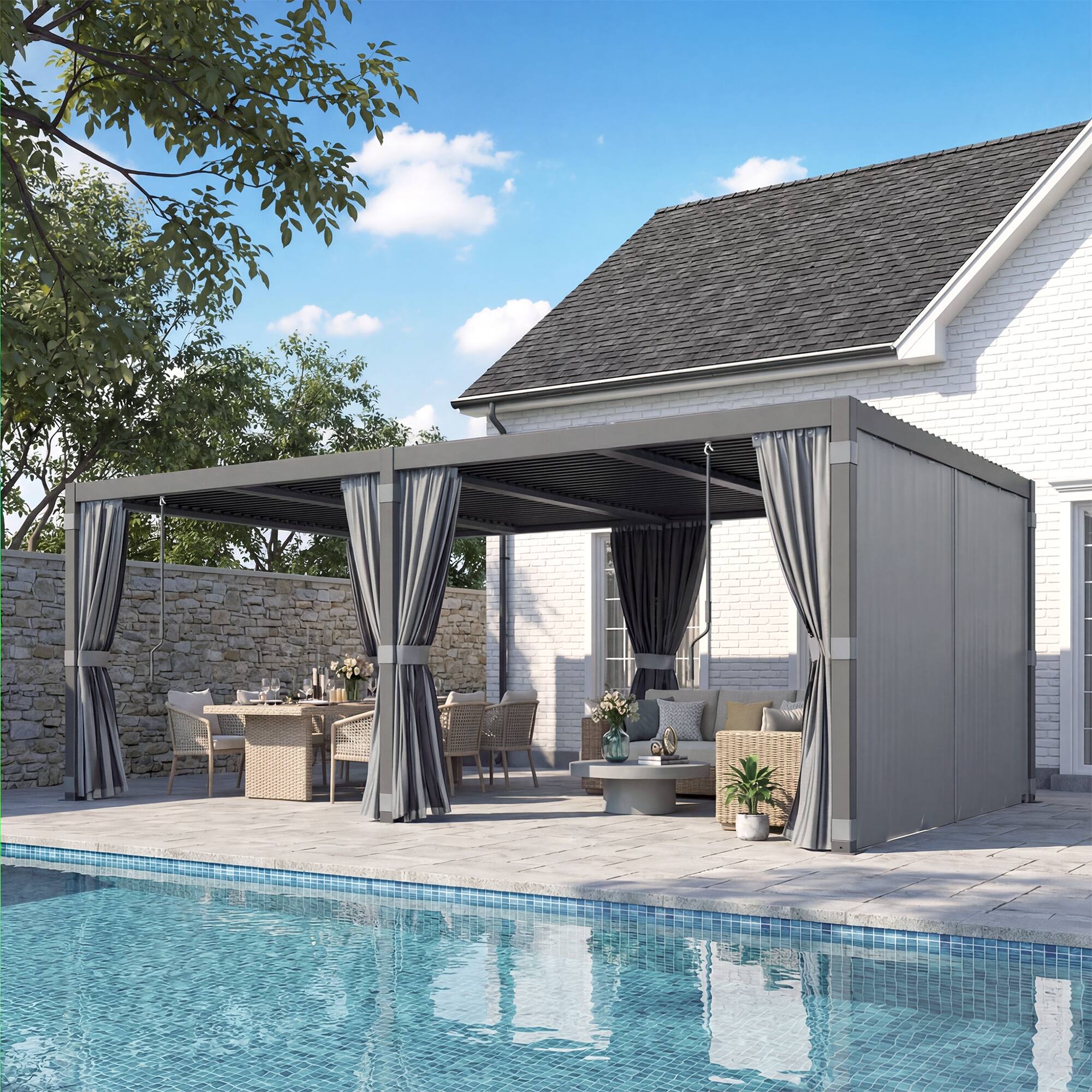 Alt View 6. U-HOMY - 12x20 Outdoor Pergola, Louvered Pergola with Adjustable Aluminum Rainproof Roof for Patio, Backyard, Pool party - Black.