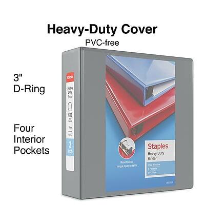 Heavy-Duty Cover  
PVC-free  

3" D-Ring  

Four Interior Pockets  

Staples  
Heavy-Duty Binder  
Reinforced  
3" D-Ring  
Four Interior Pockets  
PVC-free