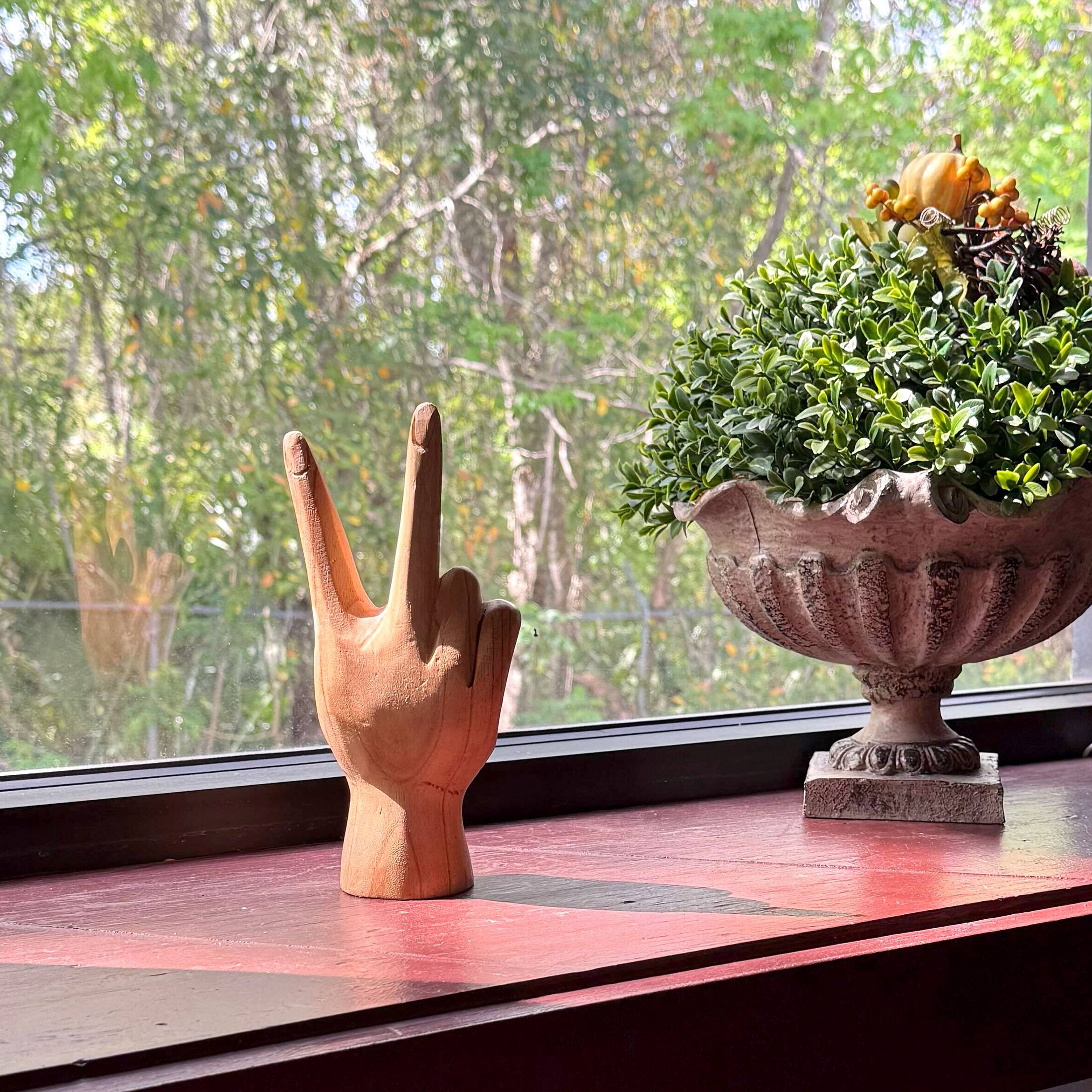 Alt View 4. Zeckos - Carved Wooden Peace Sign Hand Gesture Statue Natural Finish 7.75 Inches High - Brown.