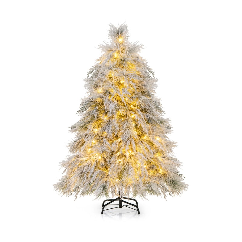 WELLFOR - 4.5ft Snow‑Flocked Hinged Artificial Christmas Tree with Warm‑White Lights,279 Full PE‑PVC Pine‑Willow Branch Tips - White & Green