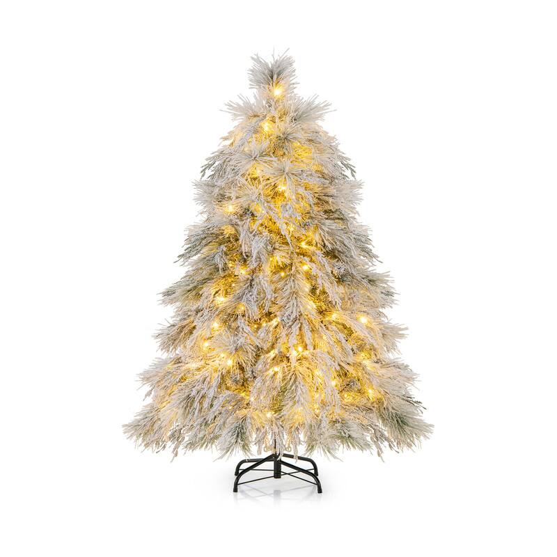 Front. WELLFOR - 4.5ft Snow‑Flocked Hinged Artificial Christmas Tree with Warm‑White Lights,279 Full PE‑PVC Pine‑Willow Branch Tips - White & Green.