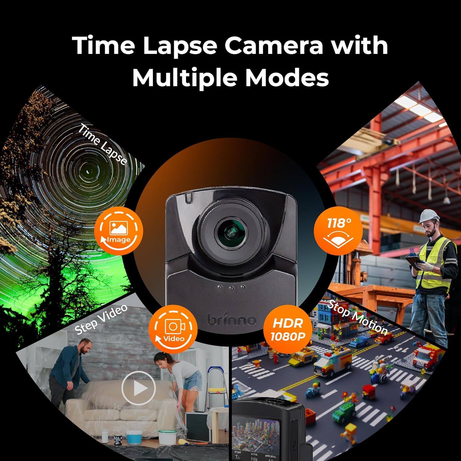 Time Lapse Camera with Multiple Modes
Time Lapse
118°
Image
Video
Step Video
brinno
HDR 1080P
Stop Motion