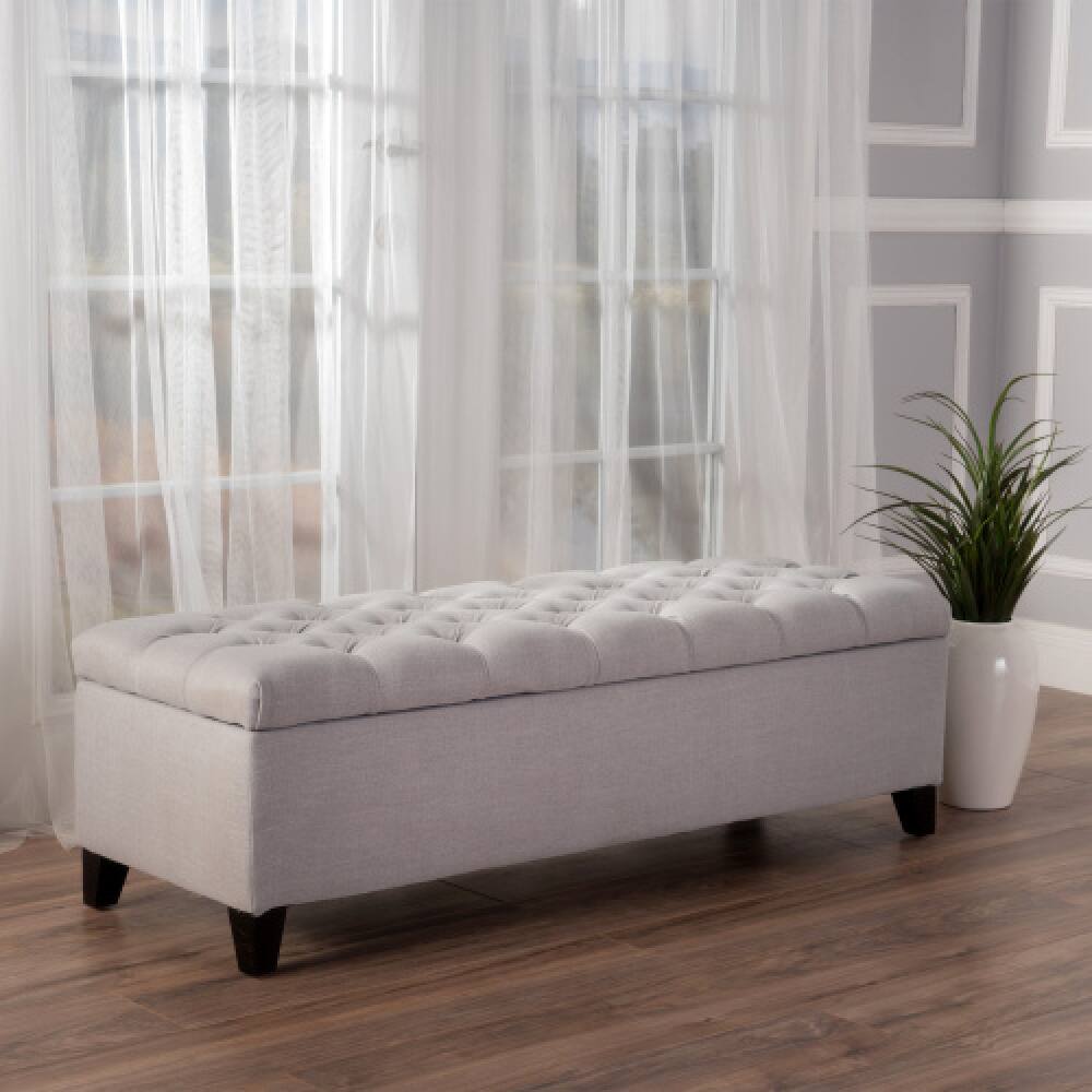 Front. PDTEND - Contemporary Storage Ottoman in Light Gray Fabric with Button Tufted Diamond Stitch Design - Light Gray.