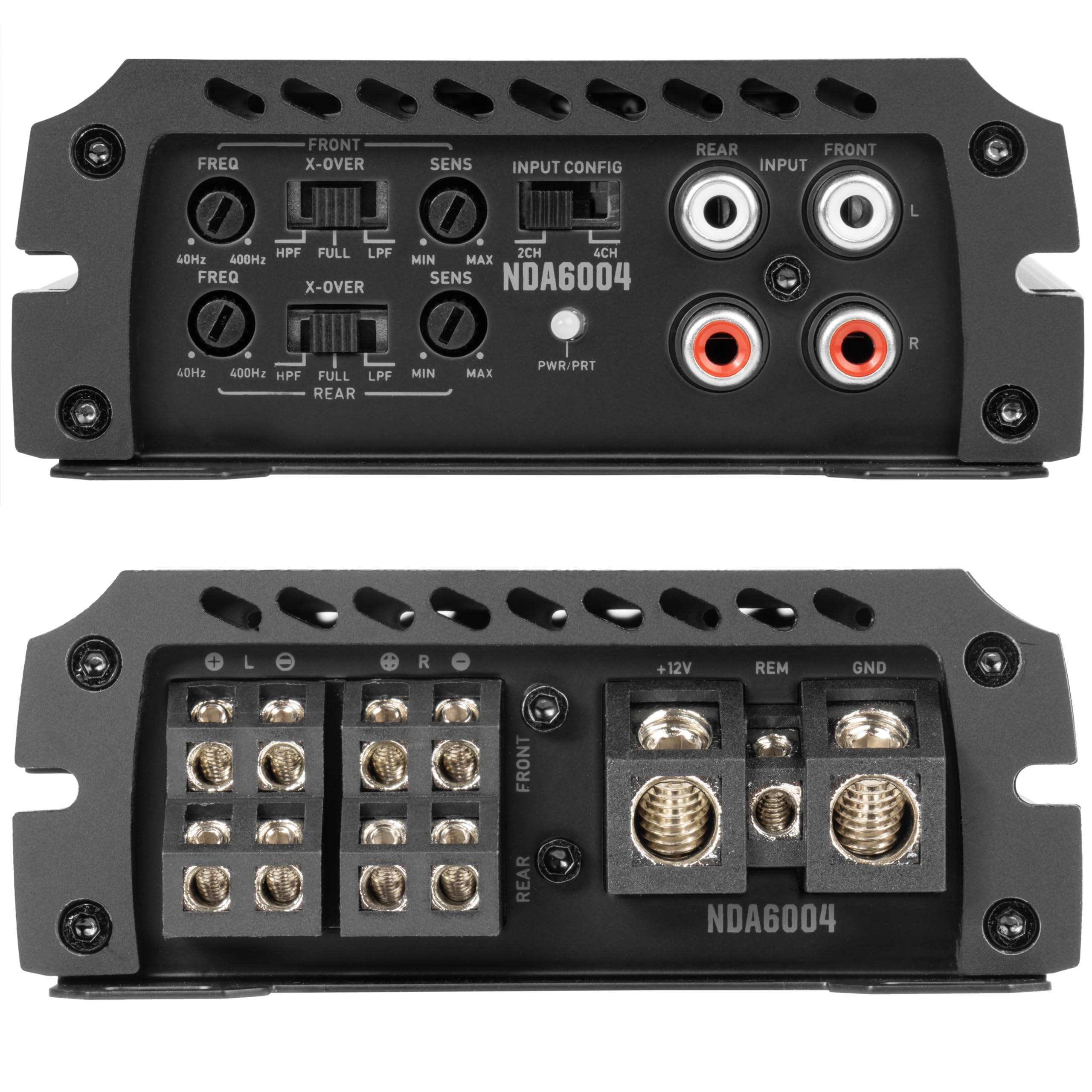 FREQ FRONT X-OVER SENS INPUT CONFIG REAR FRONT INPUT L HPF FULL LPF 40Hz 400Hz FREQ X-OVER 2CH 4CH MIN MAX SENS NDA6004 40Hz 400Hz HPF FULL LPF REAR MIN MAX PWR/PRT R + L R +12V REM GND FRONT REAR NDA6004