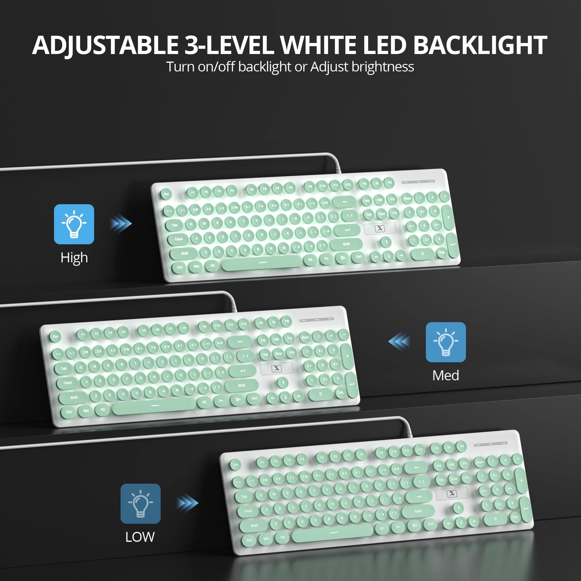 ADJUSTABLE 3-LEVEL WHITE LED BACKLIGHT  
Turn on/off backlight or Adjust brightness  

High  
Med  
LOW