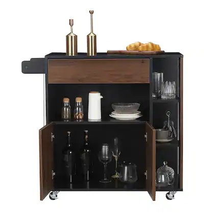 Front. JOMEED - JOMEED Home Kitchen Island Rolling Cart with Storage Drawers and Towel Rack - Black, Brown.