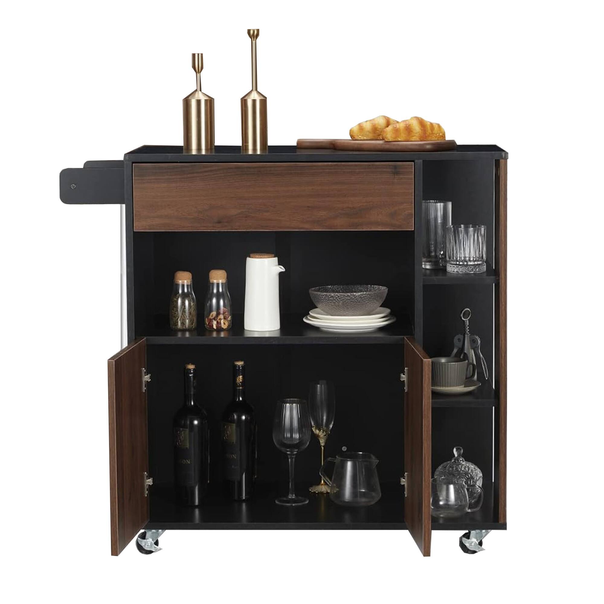 Front. JOMEED - JOMEED Home Kitchen Island Rolling Cart with Storage Drawers and Towel Rack - Black, Brown.