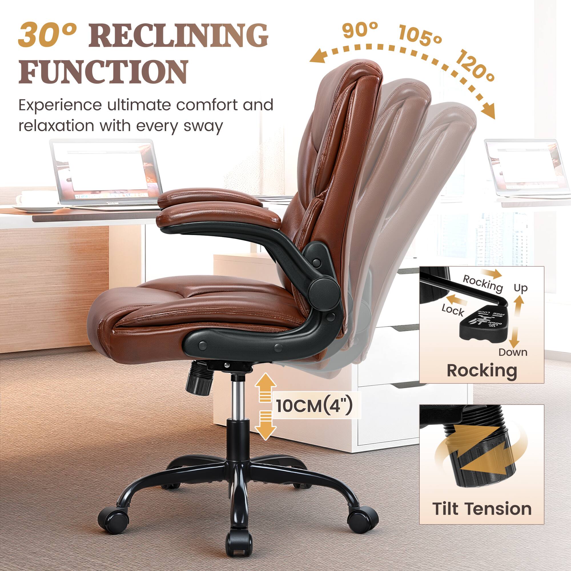 30° RECLINING FUNCTION  
Experience ultimate comfort and relaxation with every sway  

90° 105° 120°  

Rocking Up Lock  
Down Rocking  

10CM (4")  

Tilt Tension