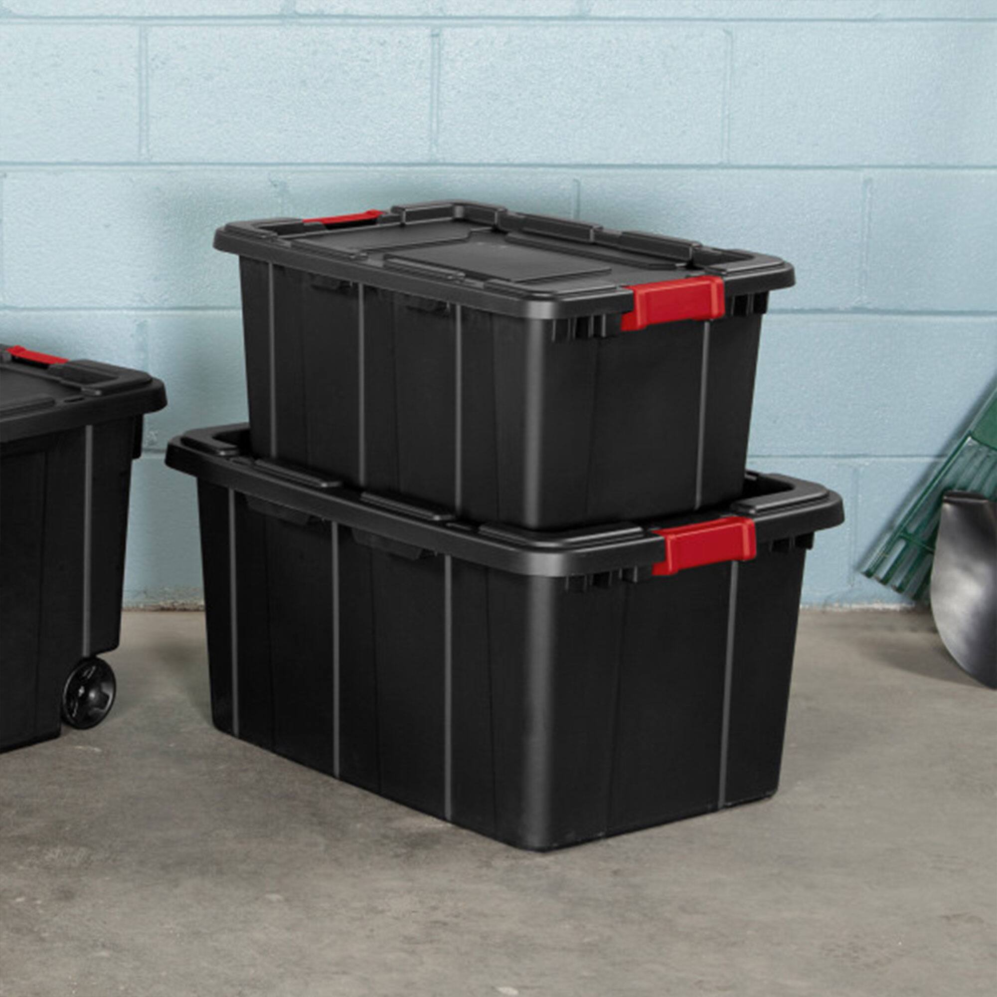 Alt View 5. Sterilite - Sterilite 15 Gal Industrial Tote Stackable Storage Bin with Latching Lid, 6 Pack - Black.