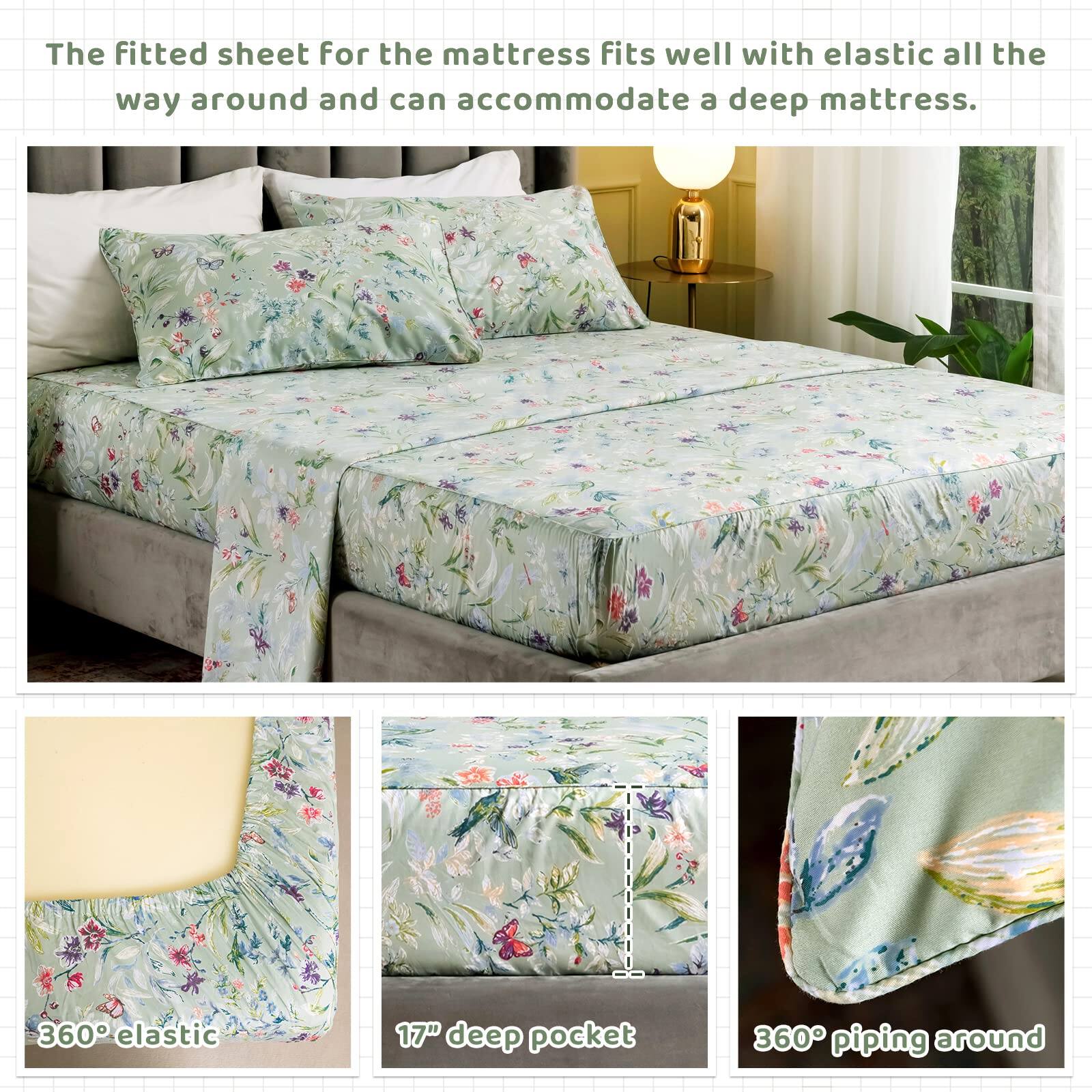 The fitted sheet for the mattress fits well with elastic all the way around and can accommodate a deep mattress.

360° elastic

17" deep pocket

360° piping around