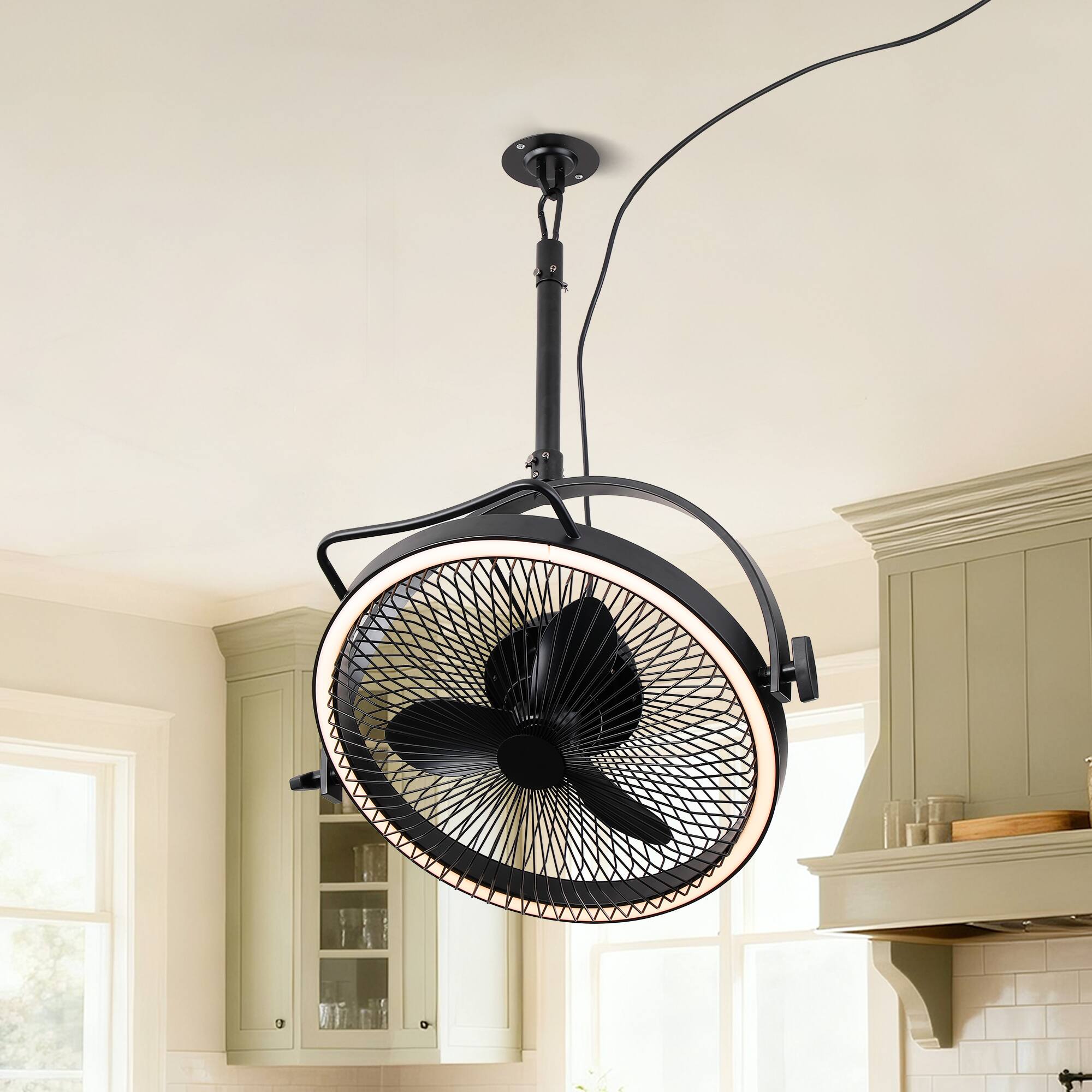 Alt View 2. Parrot Uncle - 20” Matte Black  Industrial Dual Hanging Rotatable LED Ceiling Fan with Remote, Plug Installation - Matte Black.