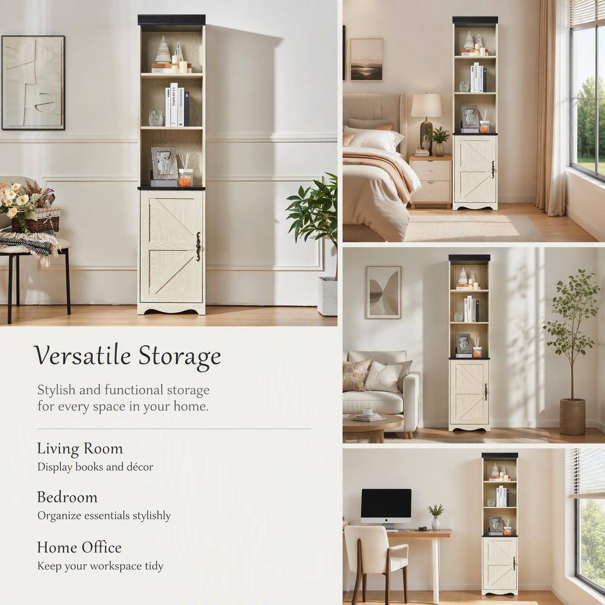 Versatile Storage  
Stylish and functional storage for every space in your home.

Living Room  
Display books and décor

Bedroom  
Organize essentials stylishly

Home Office  
Keep your workspace tidy