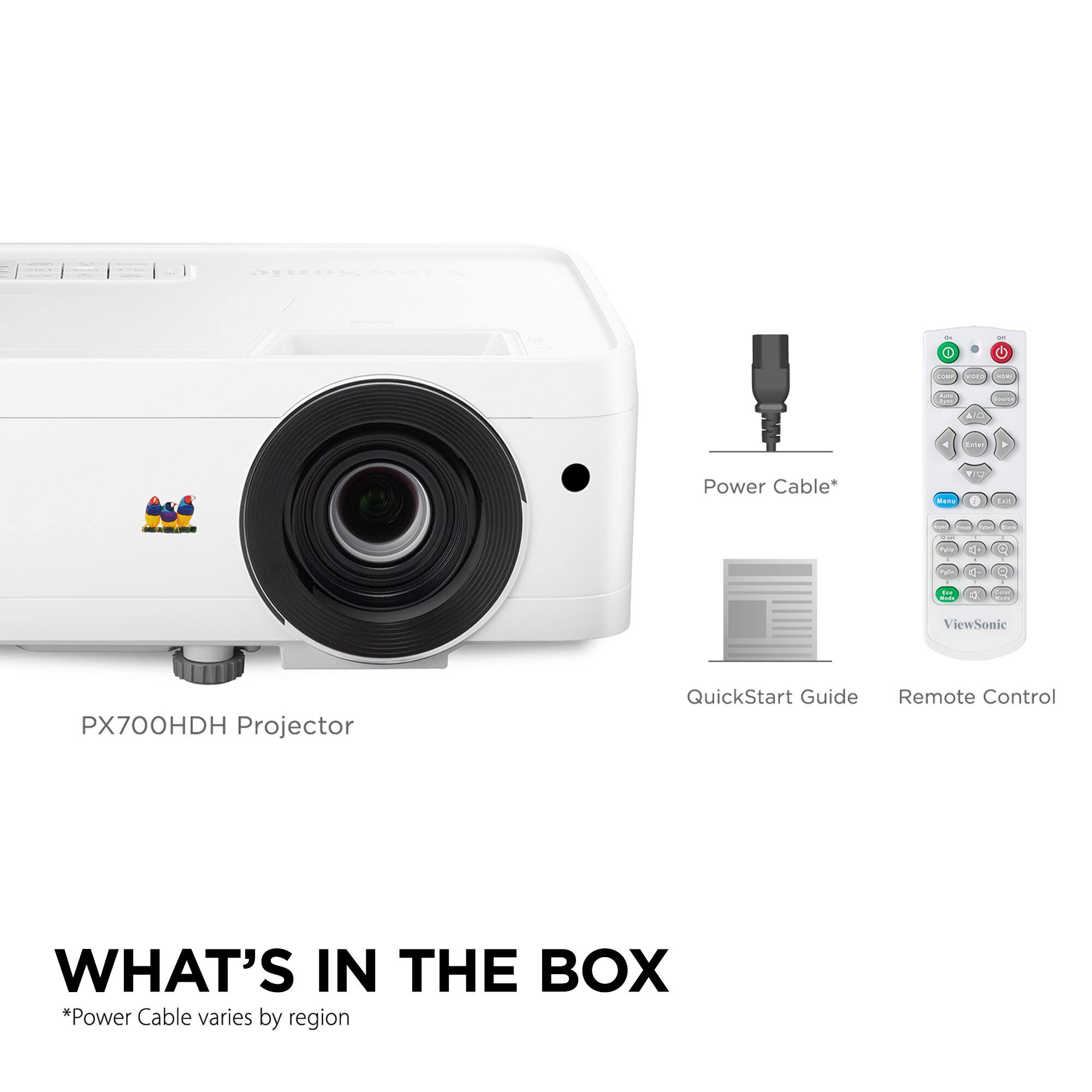 What's in the box:
- Power Cable (varies by region)
- QuickStart Guide
- Remote Control