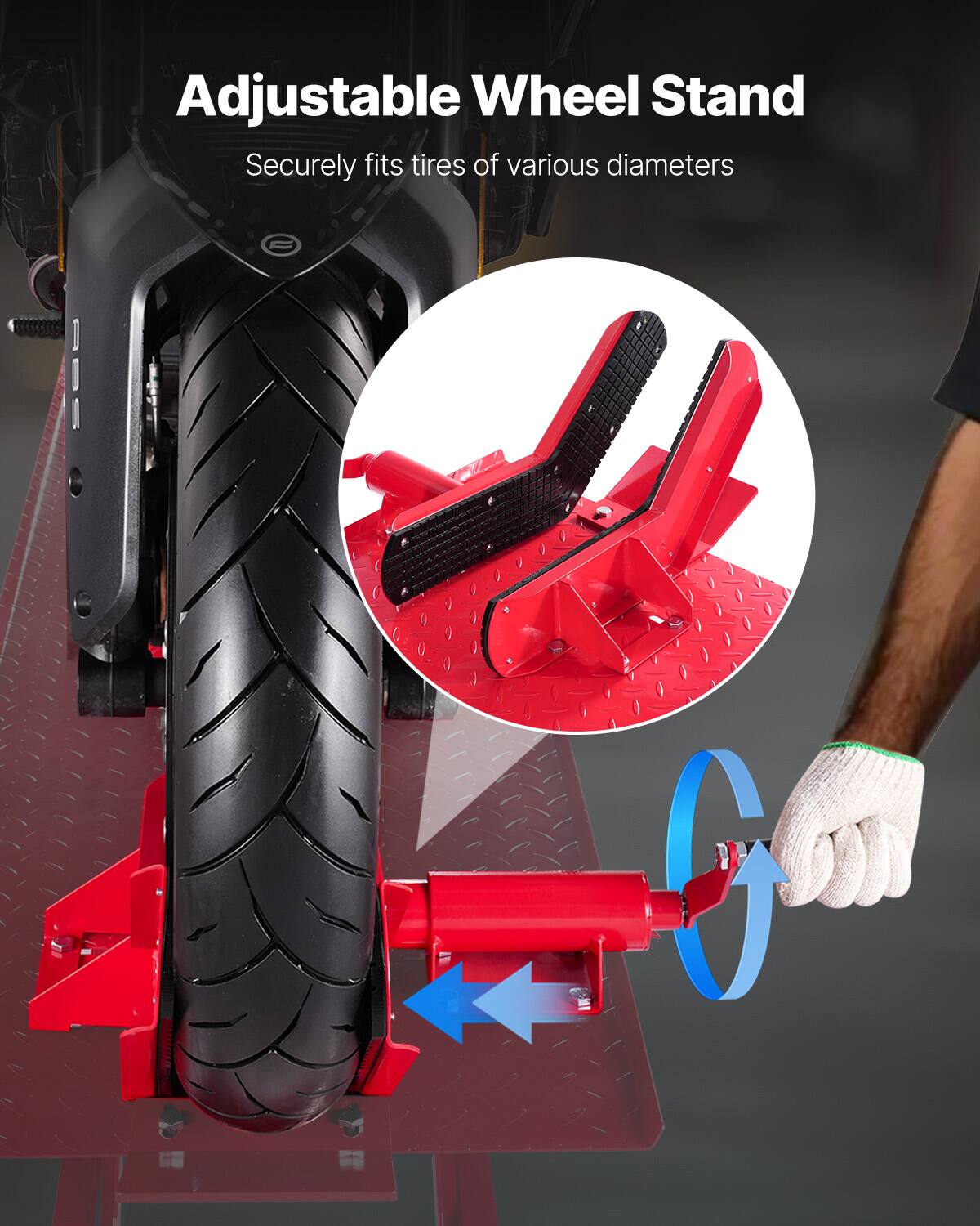 Adjustable Wheel Stand  
Securely fits tires of various diameters