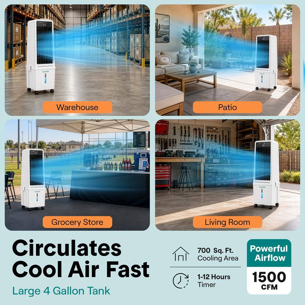 Warehouse Patio Grocery Store Circulates Cool Air Fast Large 4 Gallon Tank Living Room 700 Sq. Ft. Powerful Cooling Area Airflow 1-12 Hours 1500 Timer CFM
