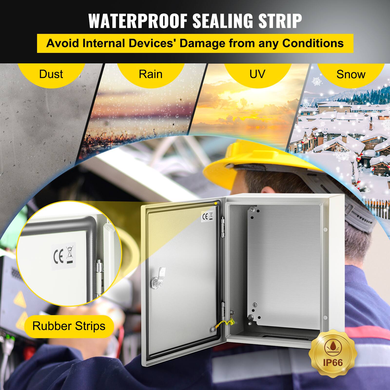 WATERPROOF SEALING STRIP  
Avoid Internal Devices' Damage from any Conditions  
Dust  
Rain  
UV  
Snow  
CE  
Rubber Strips  
IP66
