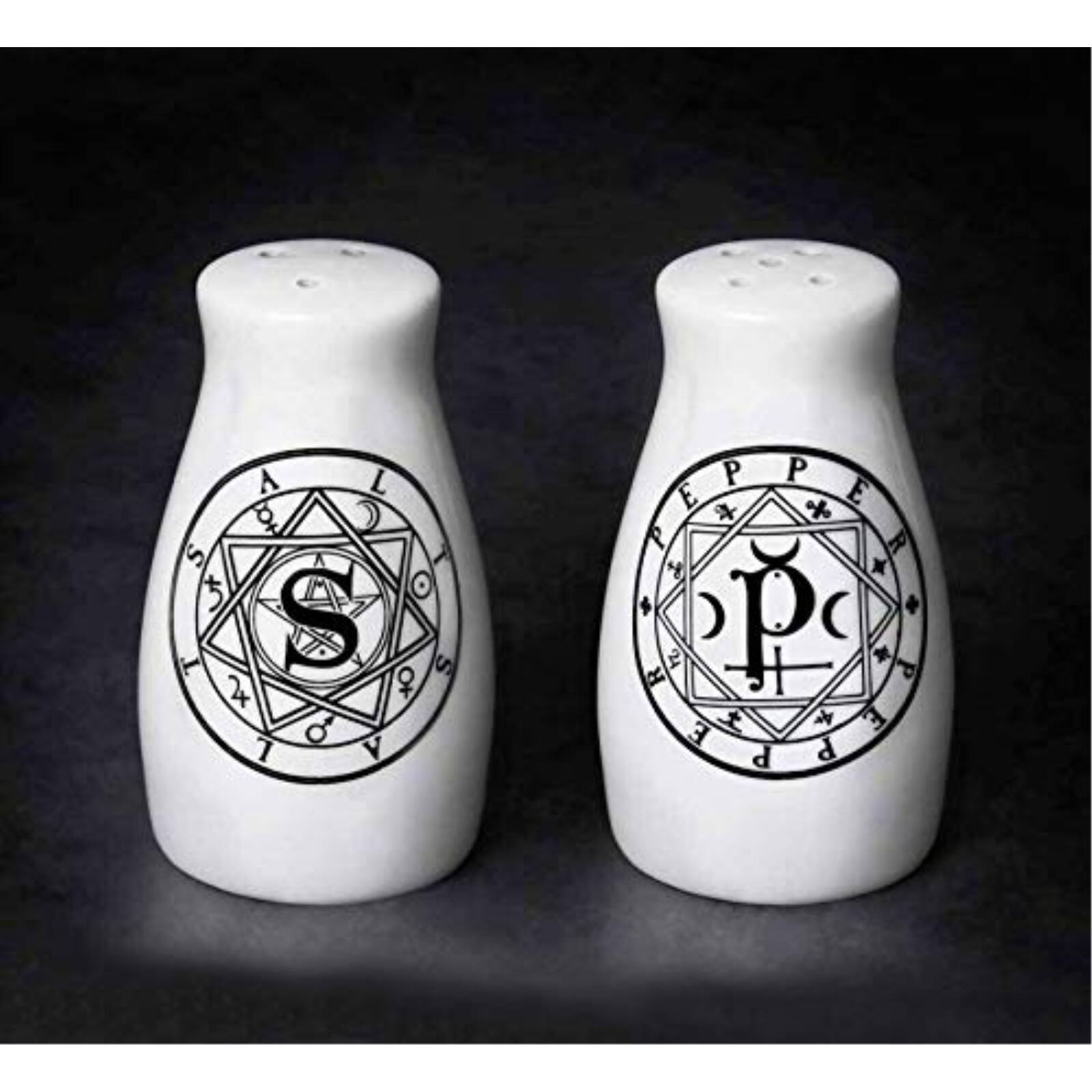Left. Pacific Trading - Sacred Geometry Black Cats Salt and Pepper Shakers Set - White.