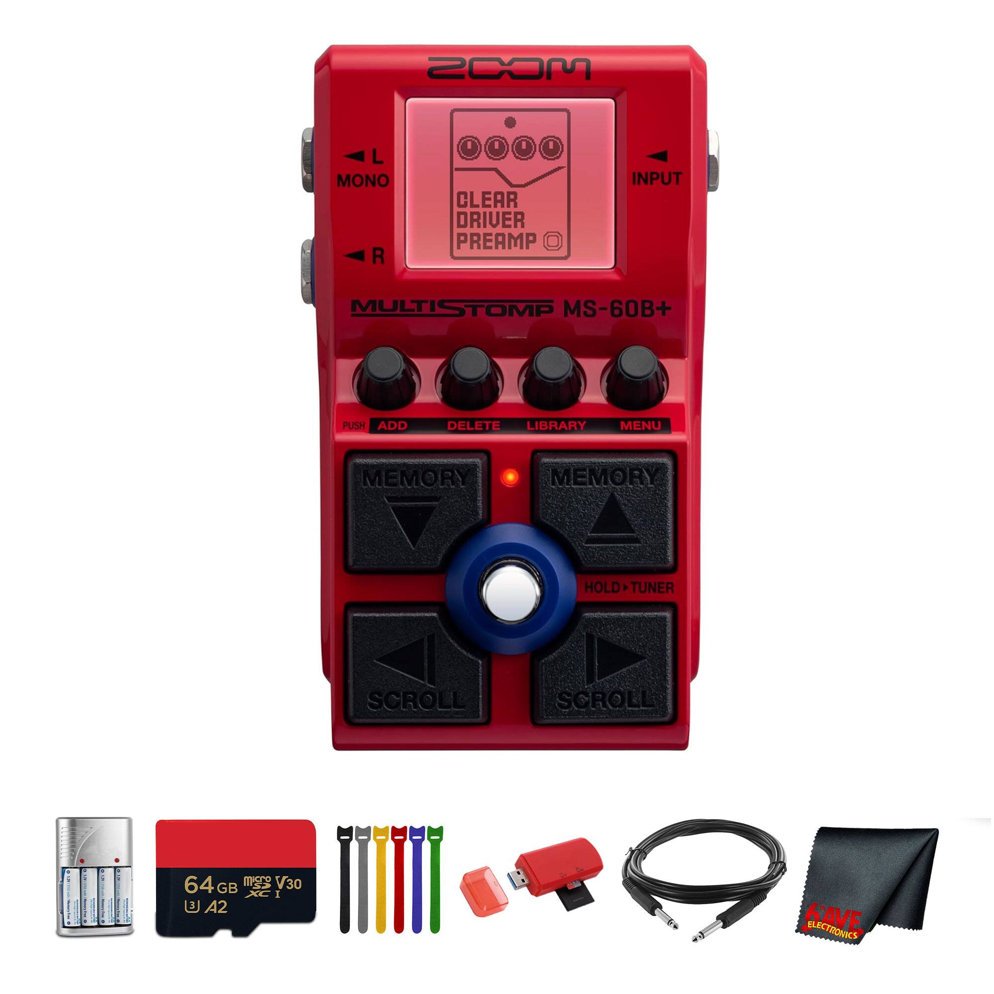 MCOS L MONO R I 1 I I CLEAR DRIVER PREAMP INPUT MULTISTOMP MULTI MS-60B+ PUSH ADD DELETE LIBRARY MENU MEMORY MEMORY HOLD TUNER SCROLL SCROLL 64 GB XC I A2 ELECTRONICS SAVE