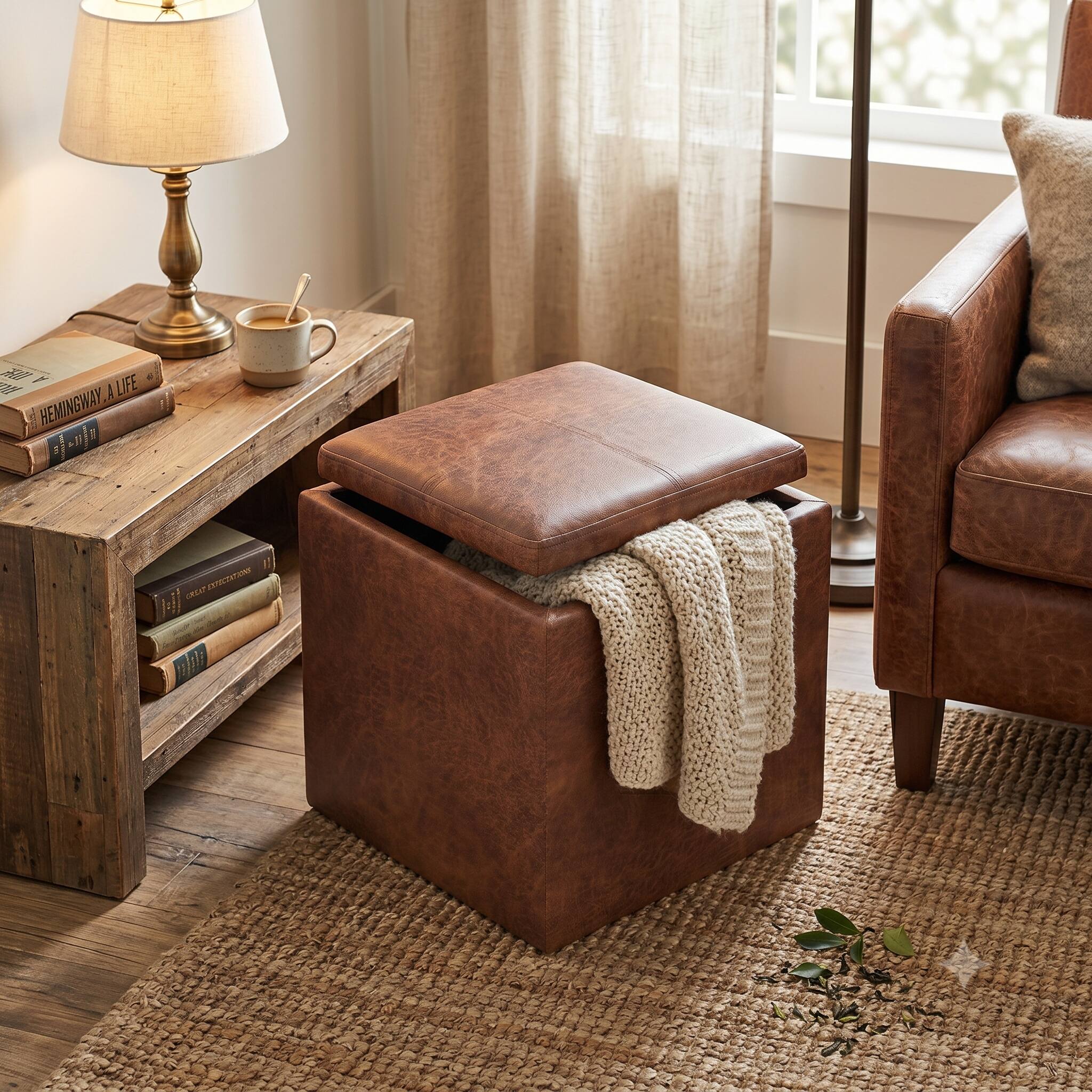 Simpli Home - Rockwood 24W Square Storage Ottoman with Tray Top - Distressed Saddle Brown