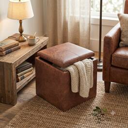 Simpli Home - Rockwood 24W Square Storage Ottoman with Tray Top - Distressed Saddle Brown