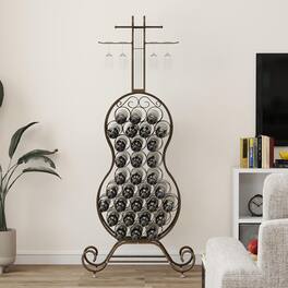 MOOSOO - Cello Shape Wine Bakers Rack, Freestanding Wine Rack with Storage Bottle, Home Bar Wine Organizer for Liquor and Wine - Brown