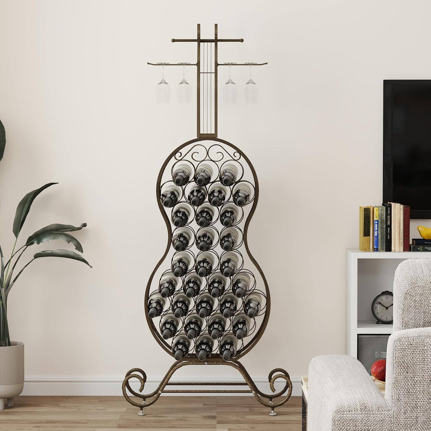 Front. MOOSOO - Cello Shape Wine Bakers Rack, Freestanding Wine Rack with Storage Bottle, Home Bar Wine Organizer for Liquor and Wine - Brown.