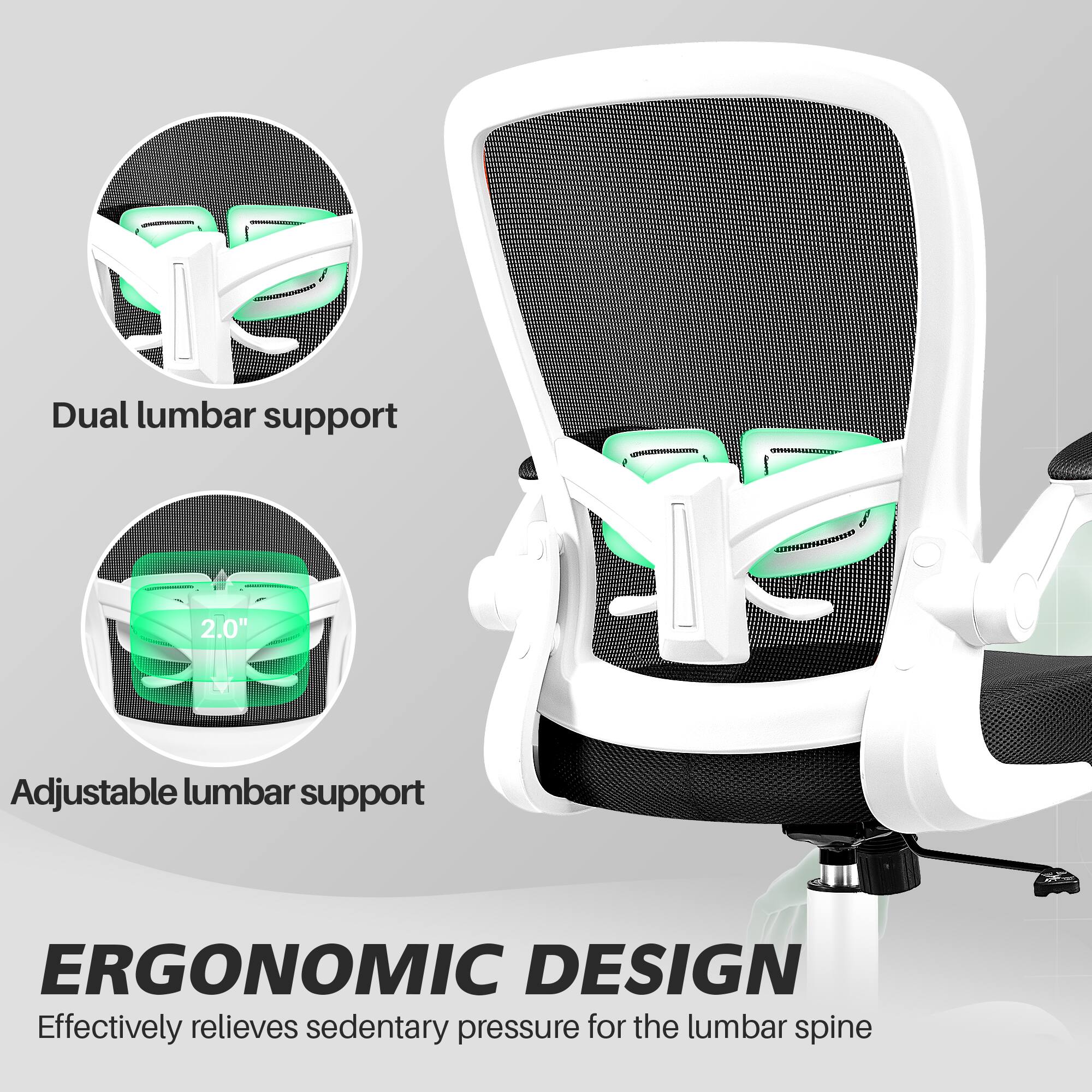 Dual lumbar support  
2.0" Adjustable lumbar support  
ERGONOMIC DESIGN  
Effectively relieves sedentary pressure for the lumbar spine