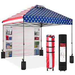Best Choice Products - 10x10ft Easy Setup Pop Up Canopy, Portable Tent w/ Side Wall, 1-Button Push, Case - American Flag