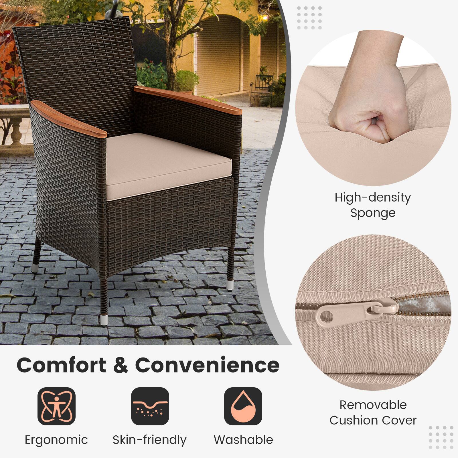 The text on the image is grouped and corrected as follows:

Comfort & Convenience: High-density Sponge Ergonomic Skin-friendly Washable Removable Cushion Cover