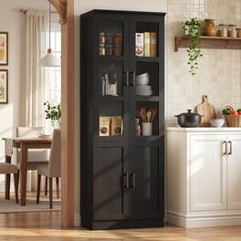 Aheaplus - Pantry Storage Cabinet, 79.7'' Tall Freestanding Kitchen Storage Cabinet with Glass Doors & Adjustable Shelves - Black