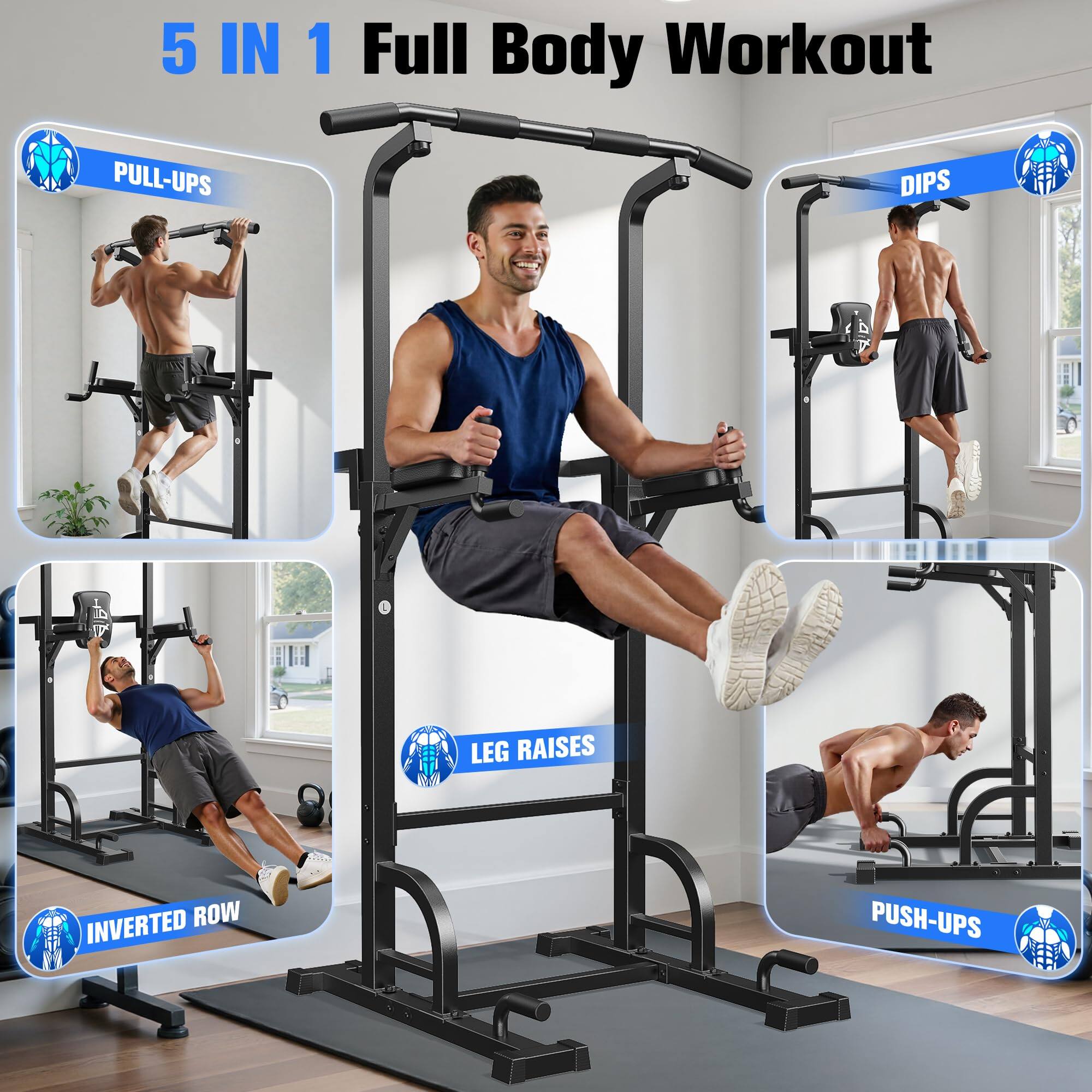 5 IN 1 Full Body Workout

- PULL-UPS
- DIPS
- LEG RAISES
- INVERTED ROW
- PUSH-UPS