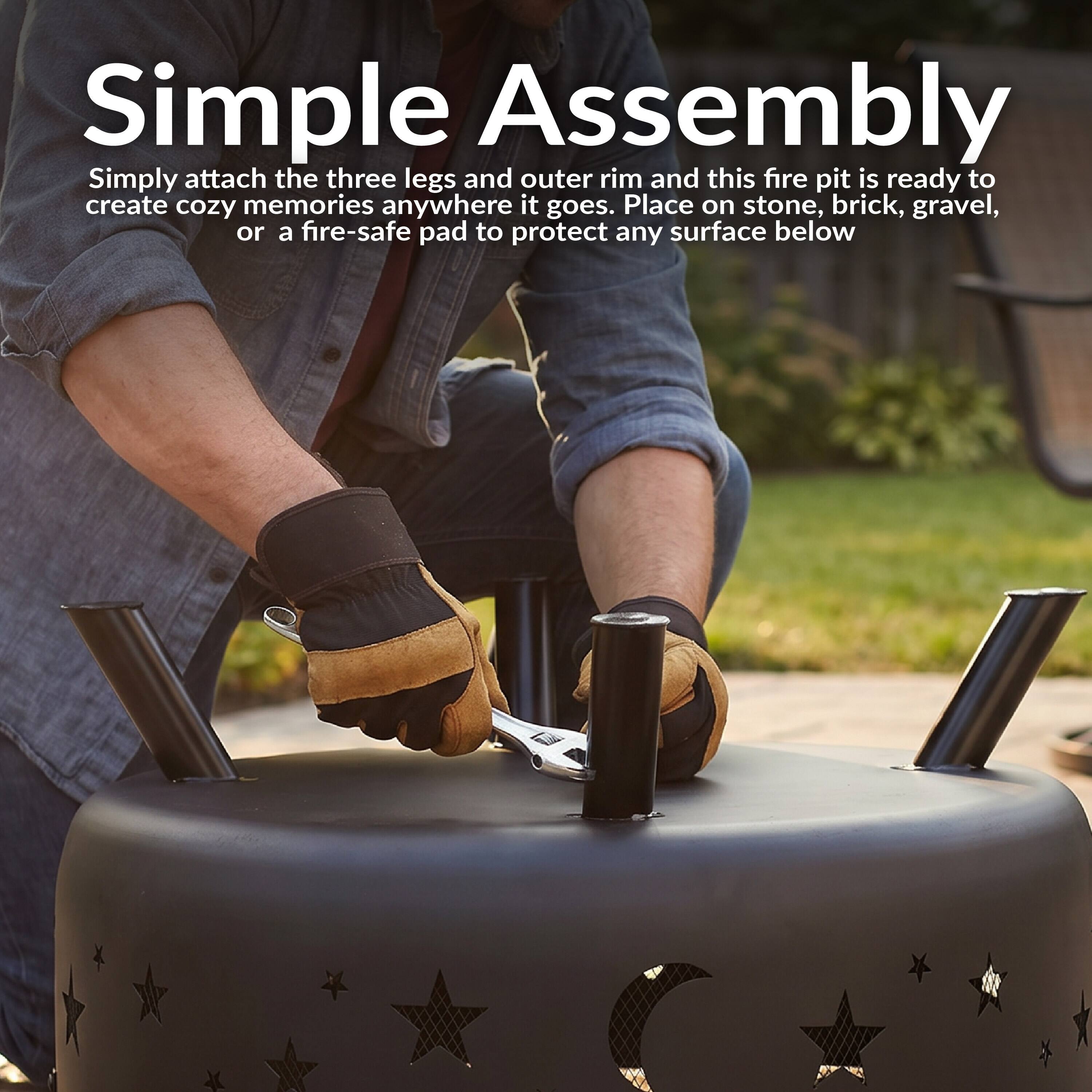 Simple Assembly

Simply attach the three legs and outer rim and this fire pit is ready to create cozy memories anywhere it goes. Place on stone, brick, gravel, or a fire-safe pad to protect any surface below