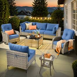 Ovios - 8 PCS Sectional Patio Furniture, Comfy Cushioned Sofa with Swivel Chairs & Coffee Table - Denim Blue
