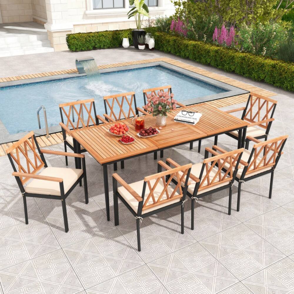Angle. Mondawe - 9 Pieces Patio Dining Set with 1.9 Inch Umbrella Hole and Seat Cushions - Natural & Black.