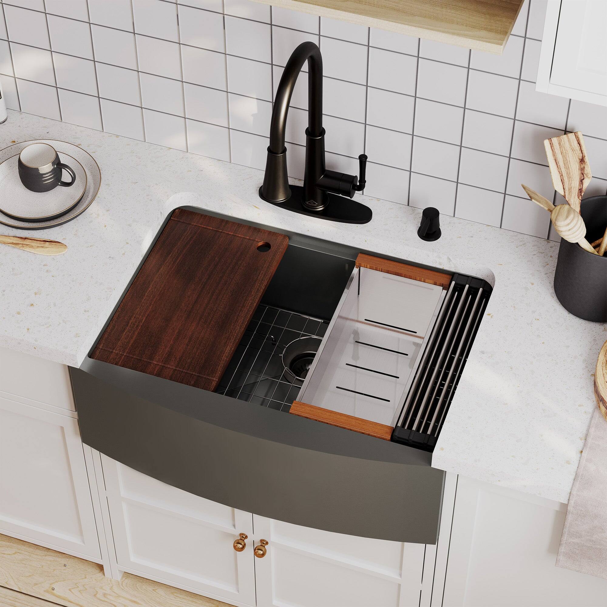 Alt View 2. Boyel Living - 30 in. Farmhouse/Apron-Front Single Bowl Black 18-Gauge Stainless Steel Kitchen Sink with Drain and Accessories - Silver.