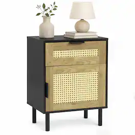 Gymax - Rattan Nightstand w/ Drawer & Storage Cabinet 2 Anti-Tipping Kits for Bedroom - Black