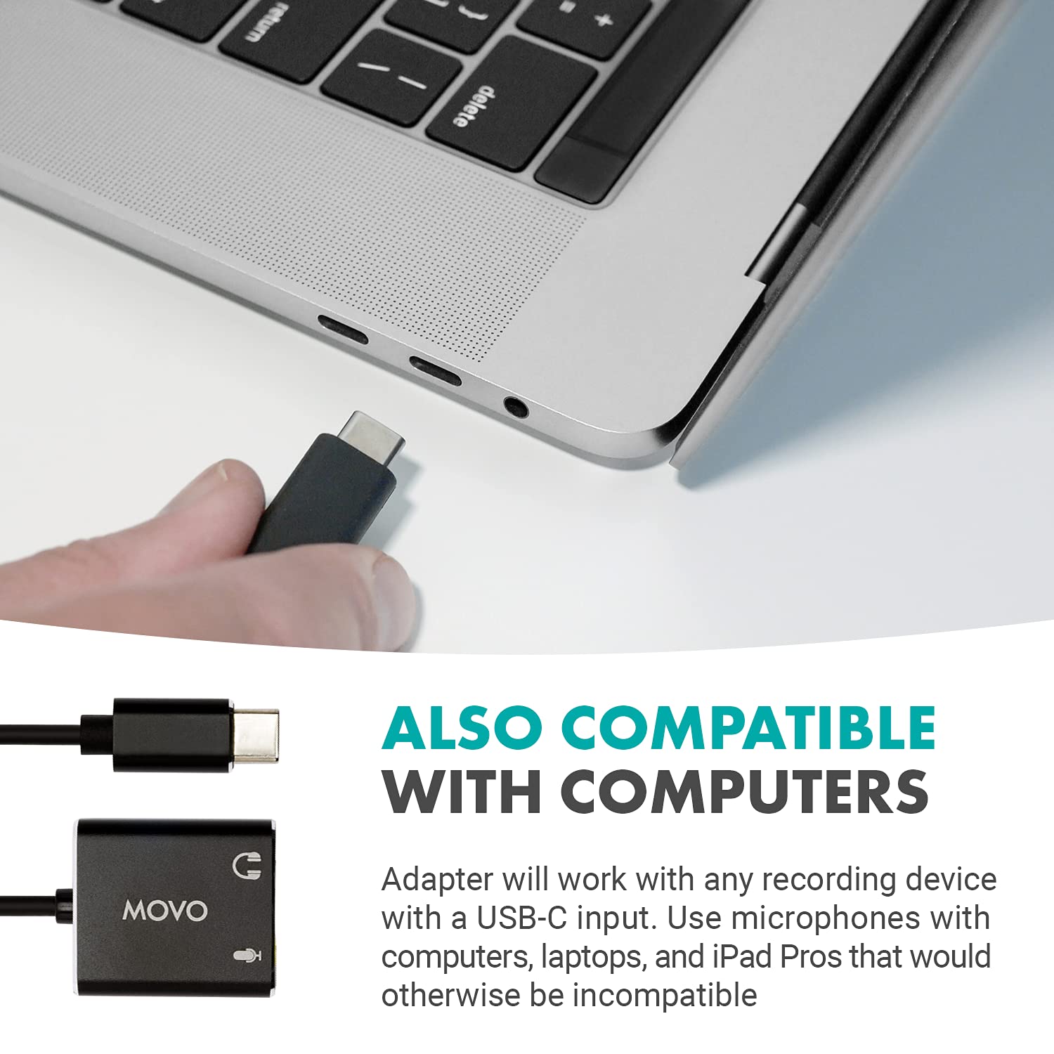 ALSO COMPATIBLE WITH COMPUTERS

Adapter will work with any recording device with a USB-C input. Use microphones with computers, laptops, and iPad Pros that would otherwise be incompatible.