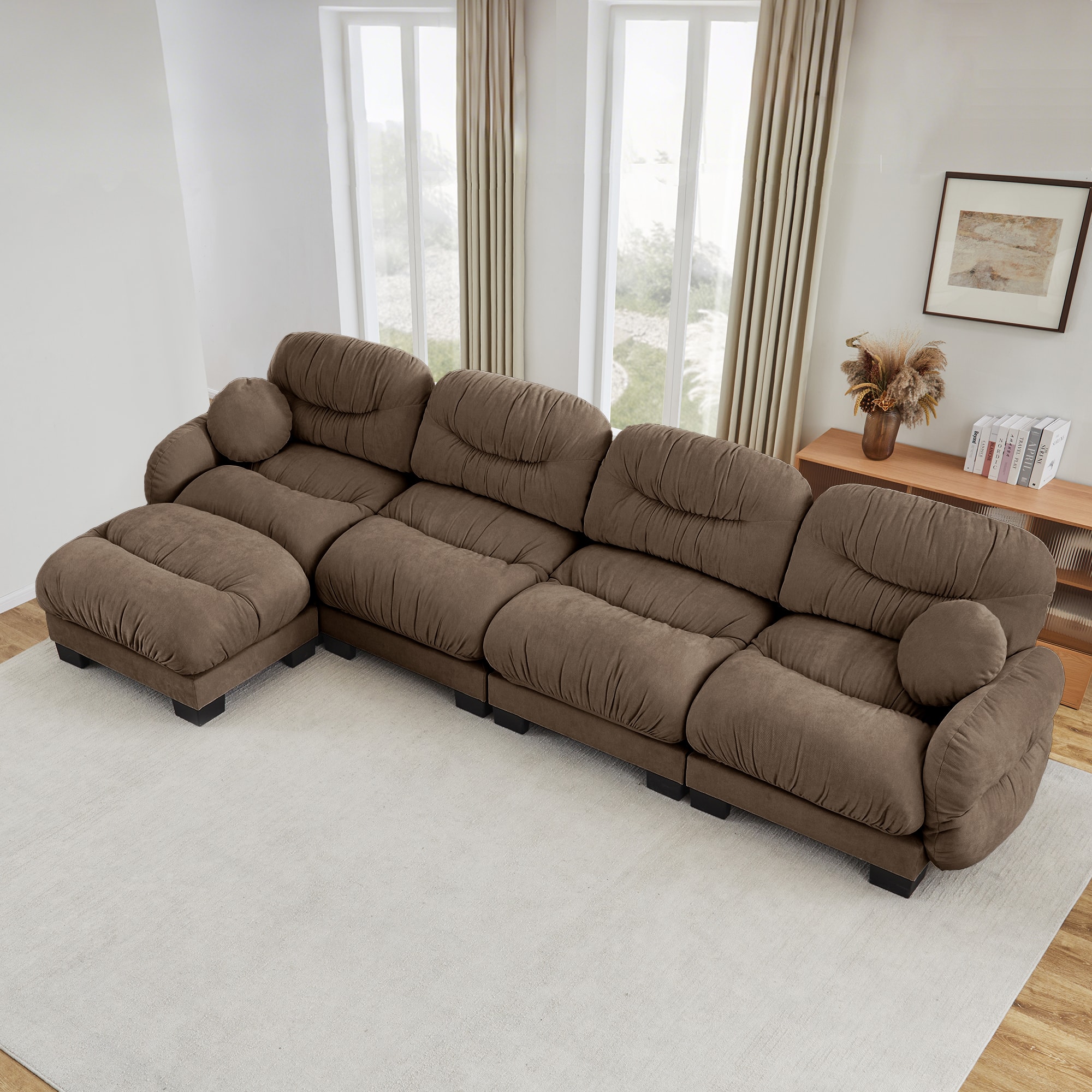 Anysun - 4-Seater L Shape Sectional Couch with Ottoman, Chenille Fabric, High-Density Foam & Curved Armrests for Living Room - Brown